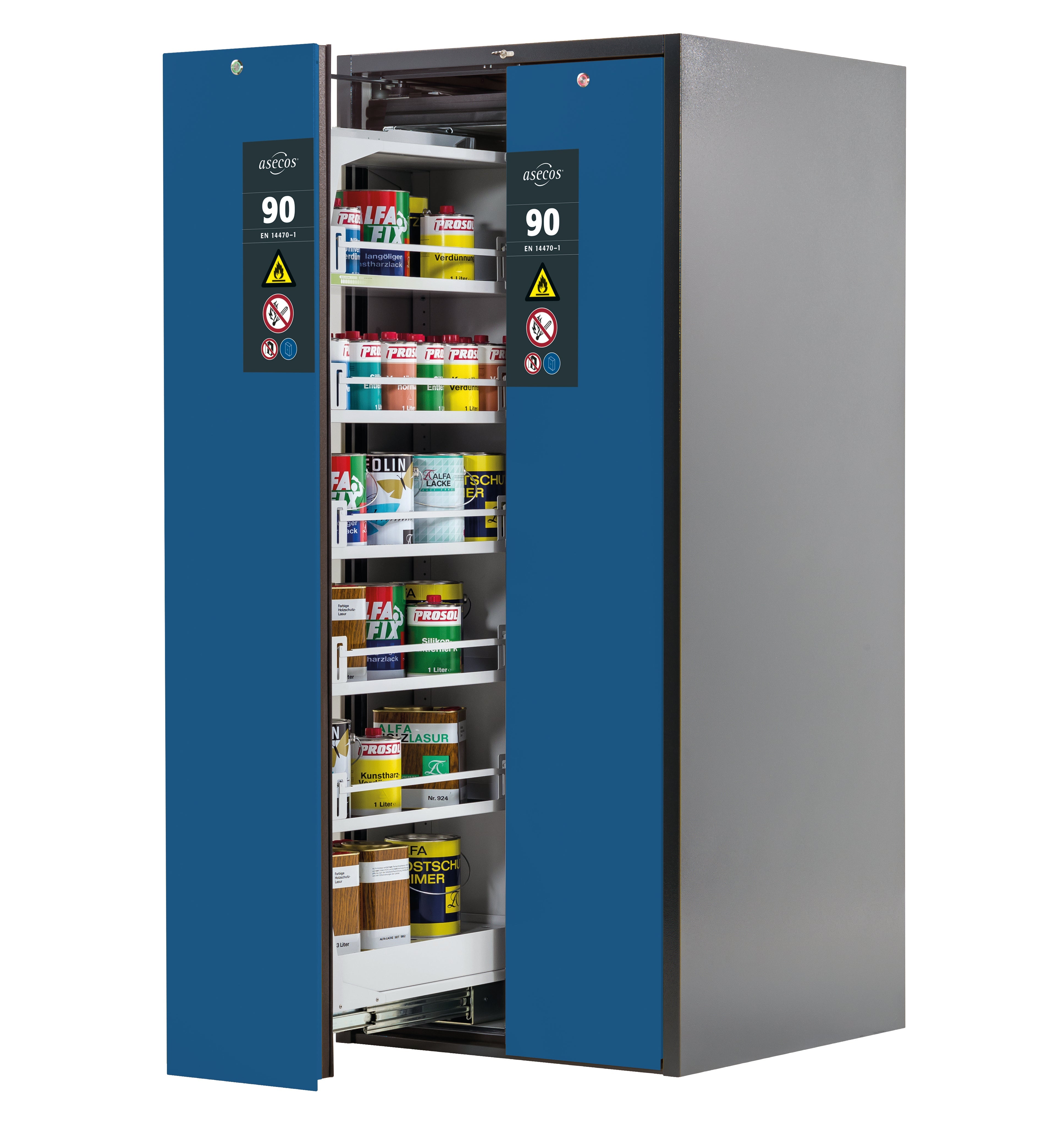 Type 90 safety cabinet V-MOVE-90 model V90.196.081.VDAC:0013 in gentian blue RAL 5010 with 5x standard shelves (sheet steel)