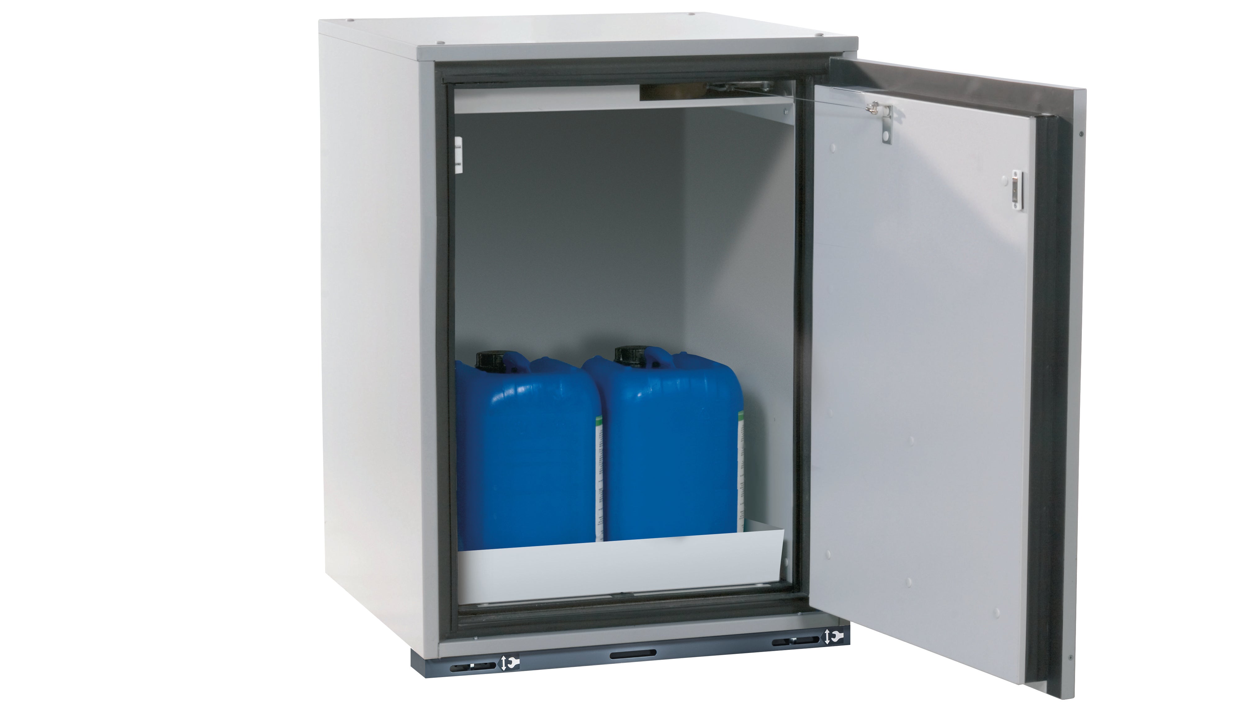 Type 90 safety base cabinet UB-T-90 model UB90.080.059.060.TR in light gray RAL 7035 with 1x perforated sheet insert standard (sheet steel)
