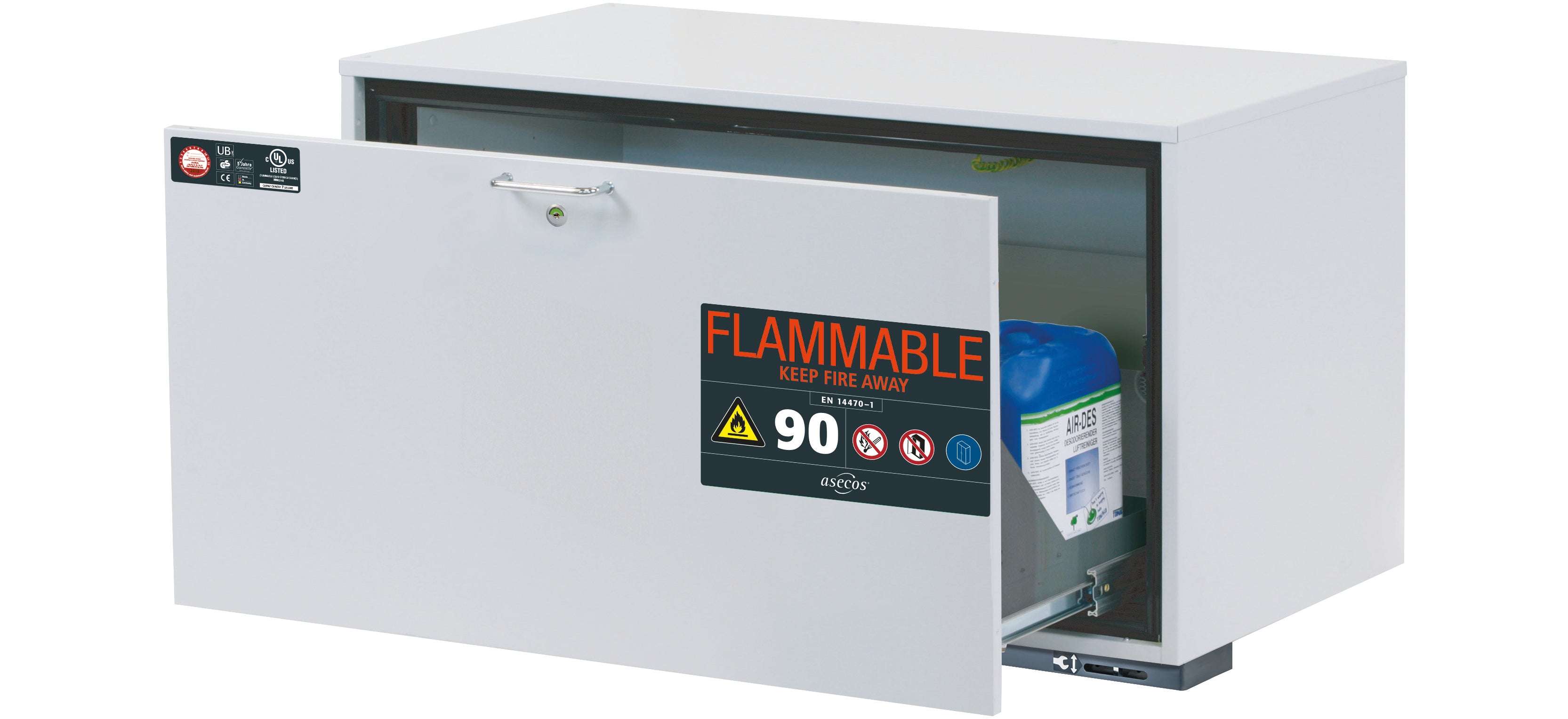 Typ 90 Sicherheitsunterbauschrank UB-S-90 Modell UB90.060.110.UL.S in lichtgrau RAL 7035 mit 1x Schubladenwanne STAWA-R (Edelstahl 1.4301)