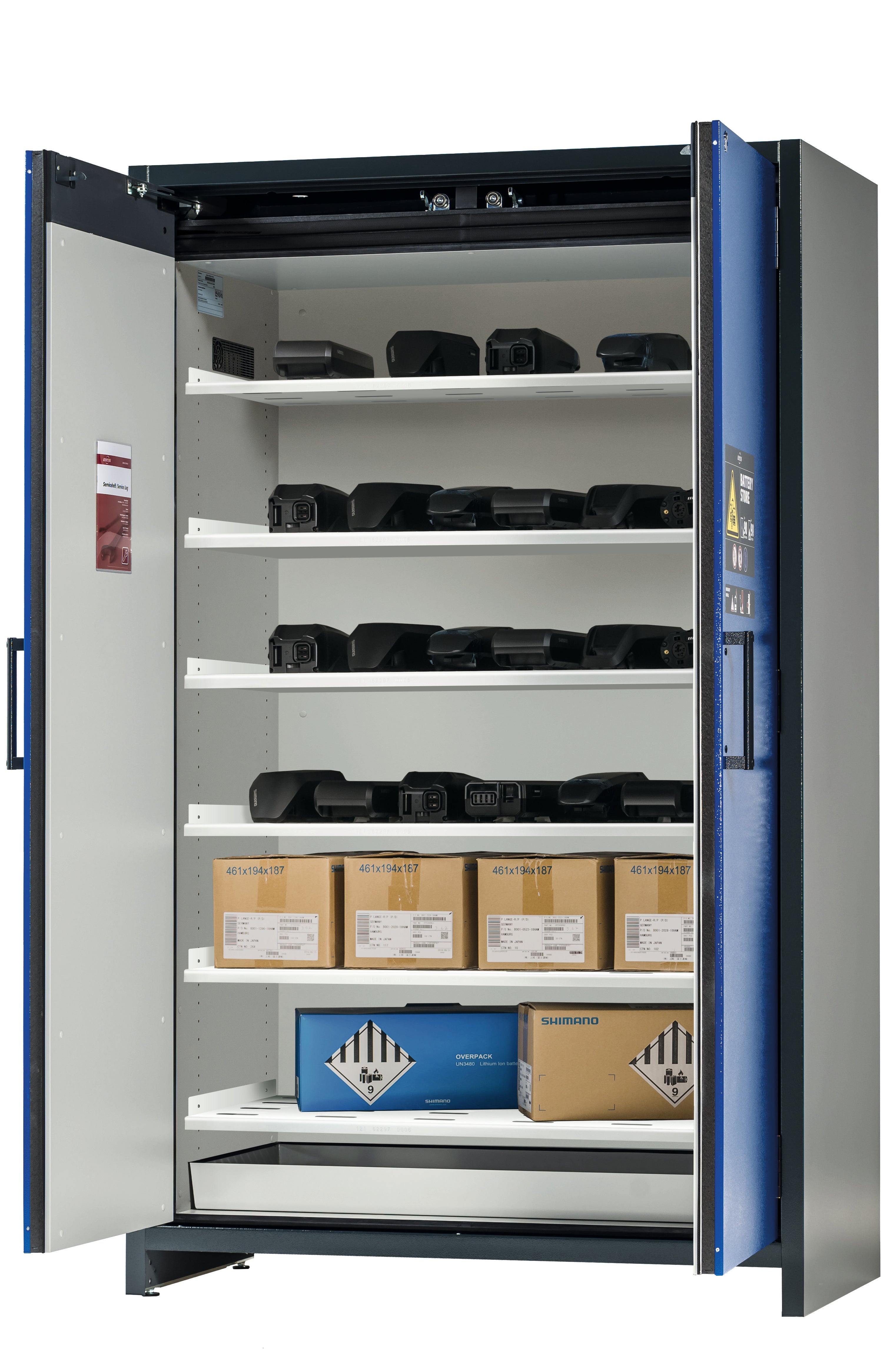 Type 90 BATTERY STORE storage cabinet ION-STORE-90 model IO90.195.120.K1.WDC in gentian blue RAL 5010 with 6x perforated shelves (sheet steel)