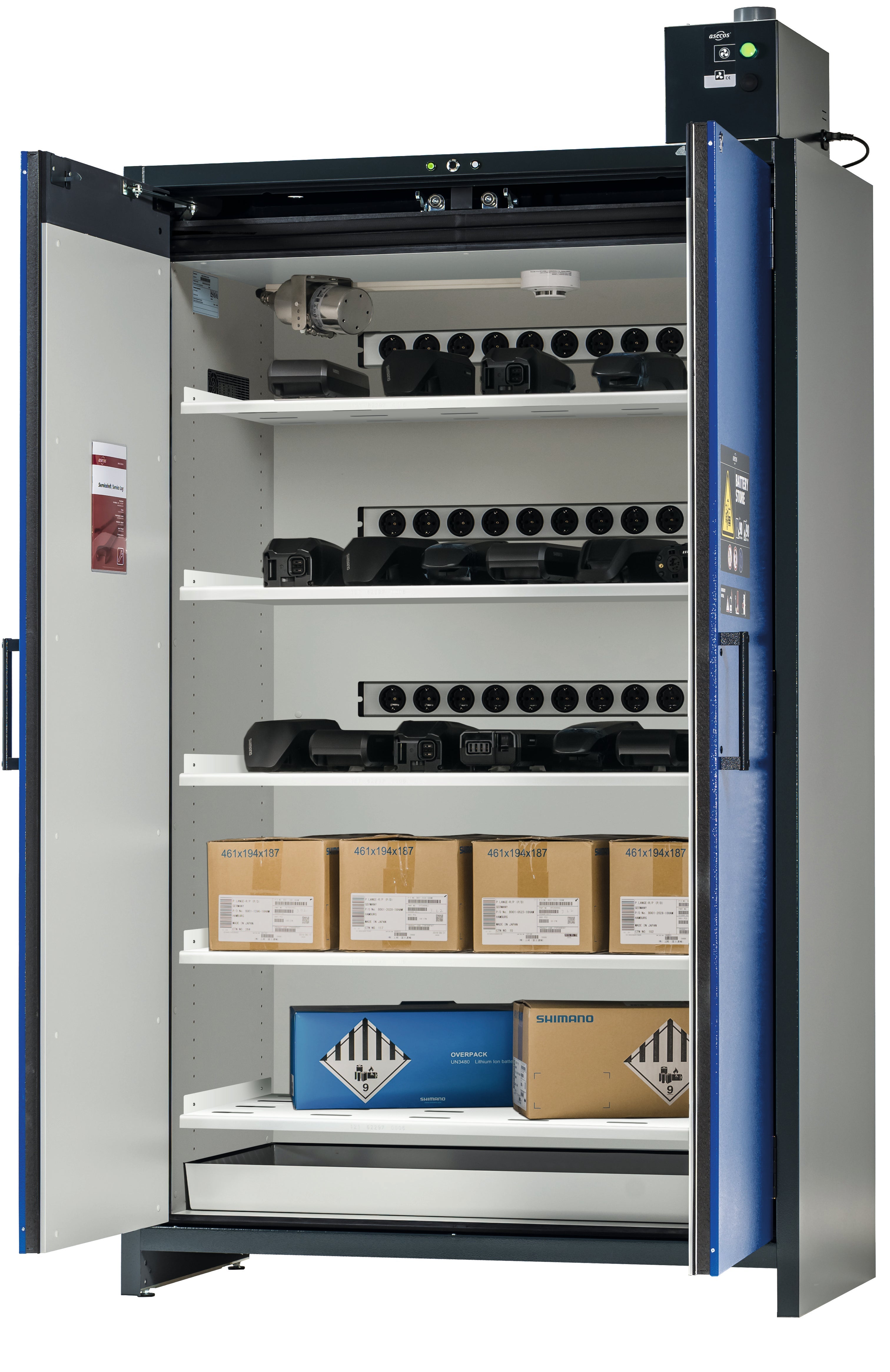 Type 90 BATTERY CHARGE PRO charging cabinet ION-STORE-90 model IO90.195.120.K3.WDC in gentian blue RAL 5010 with 5x perforated shelves (sheet steel)