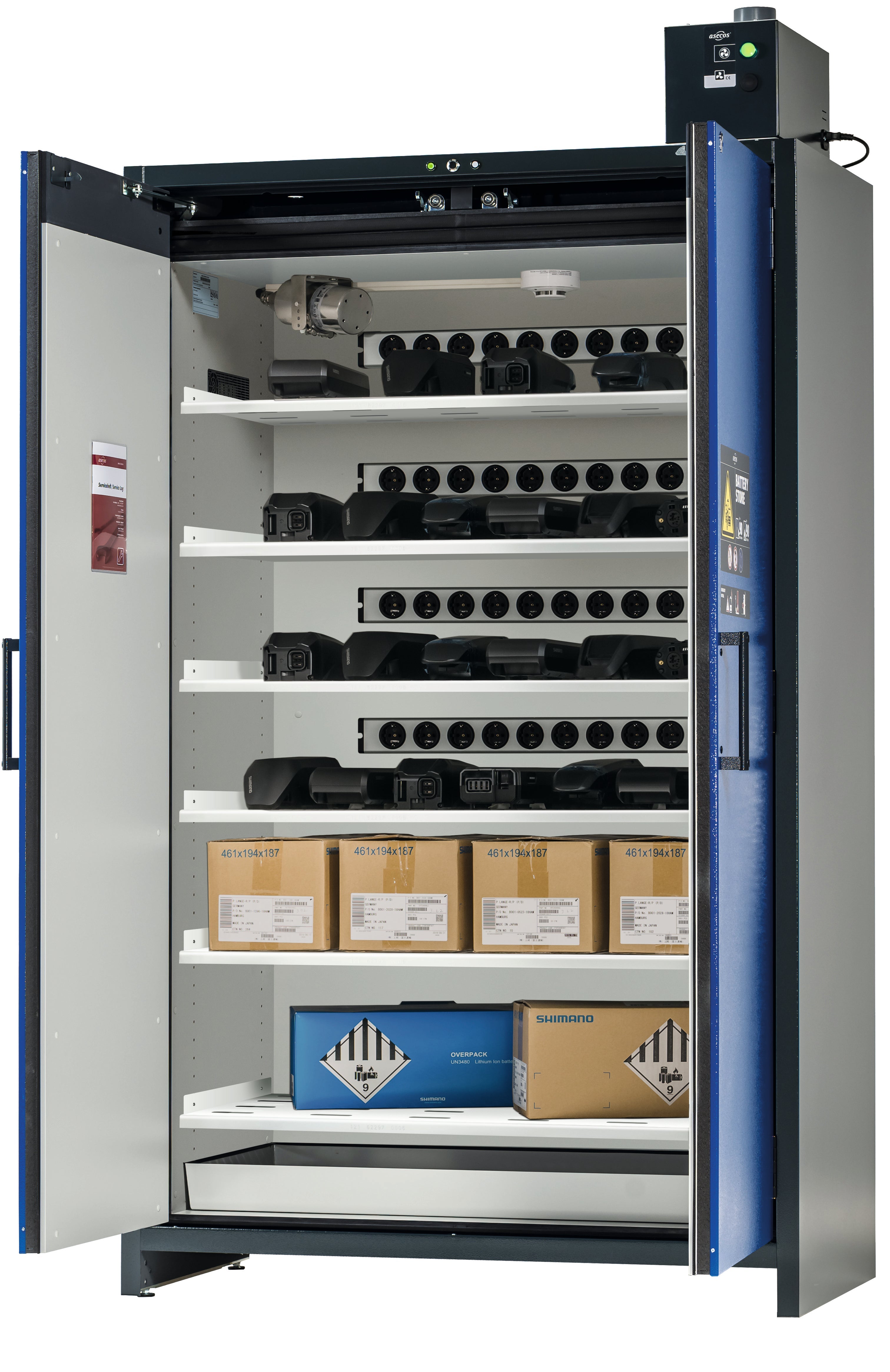 Type 90 BATTERY CHARGE PRO charging cabinet ION-STORE-90 model IO90.195.120.K3.WDC in gentian blue RAL 5010 with 6x perforated shelves (sheet steel)