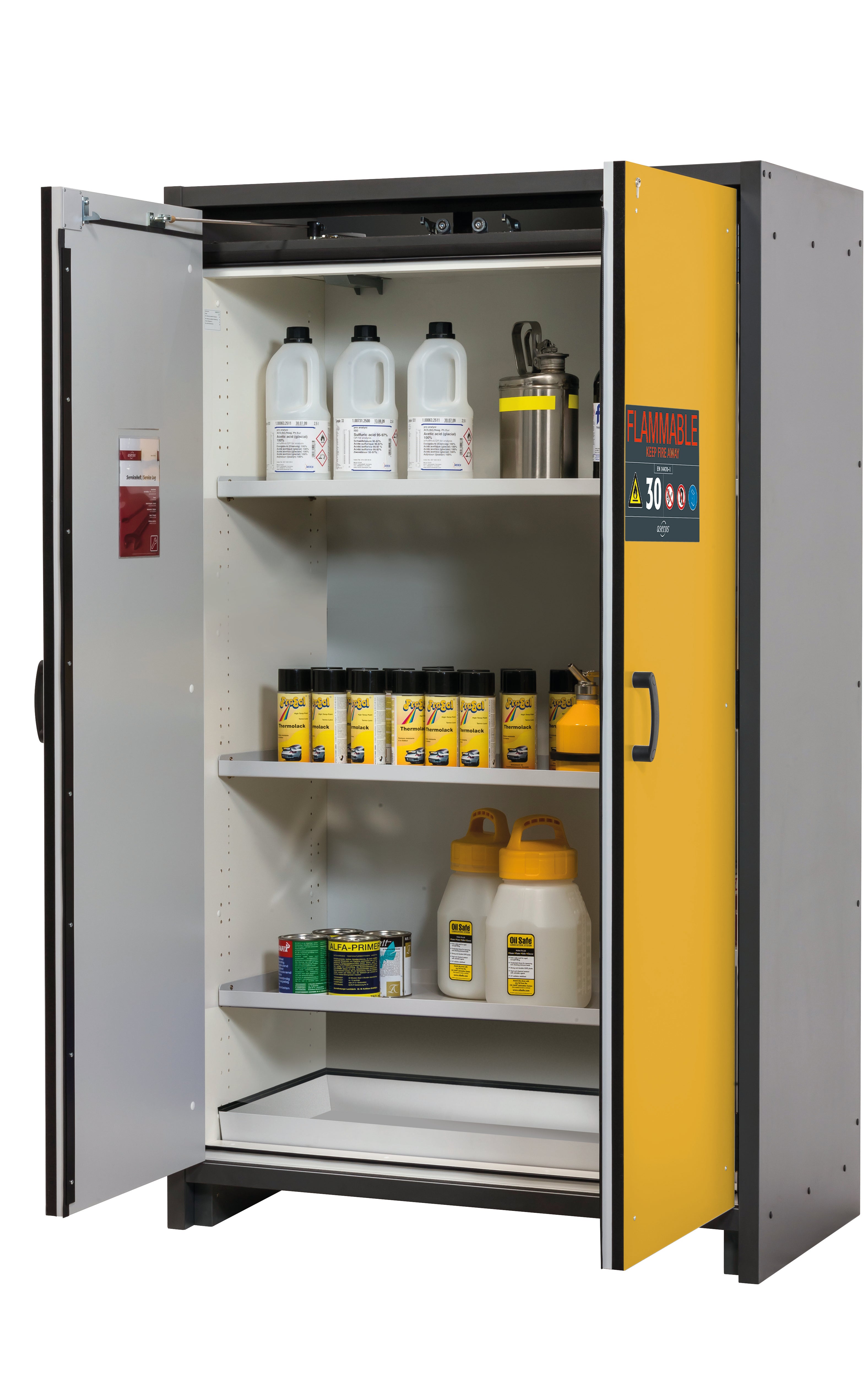 Typ 30 Sicherheitsschrank Q-CLASSIC-30 Modell Q30.195.116.FU.WDAS in sicherheitsgelb RAL 1004 mit 3x Fachboden Standard (Stahlblech)