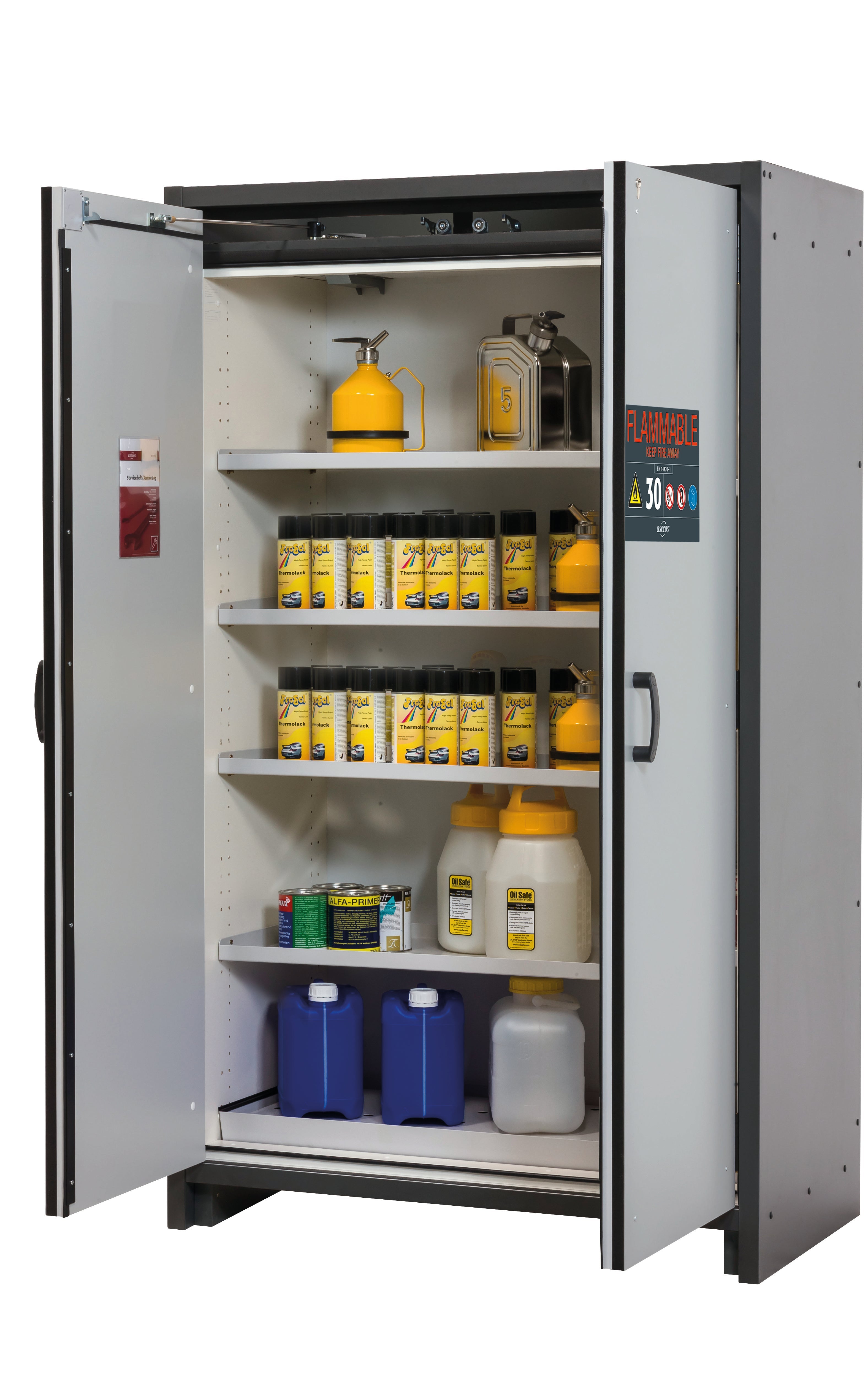 Typ 30 Sicherheitsschrank Q-CLASSIC-30 Modell Q30.195.116.FU.WDAS in lichtgrau RAL 7035 mit 4x Fachboden Standard (Stahlblech)