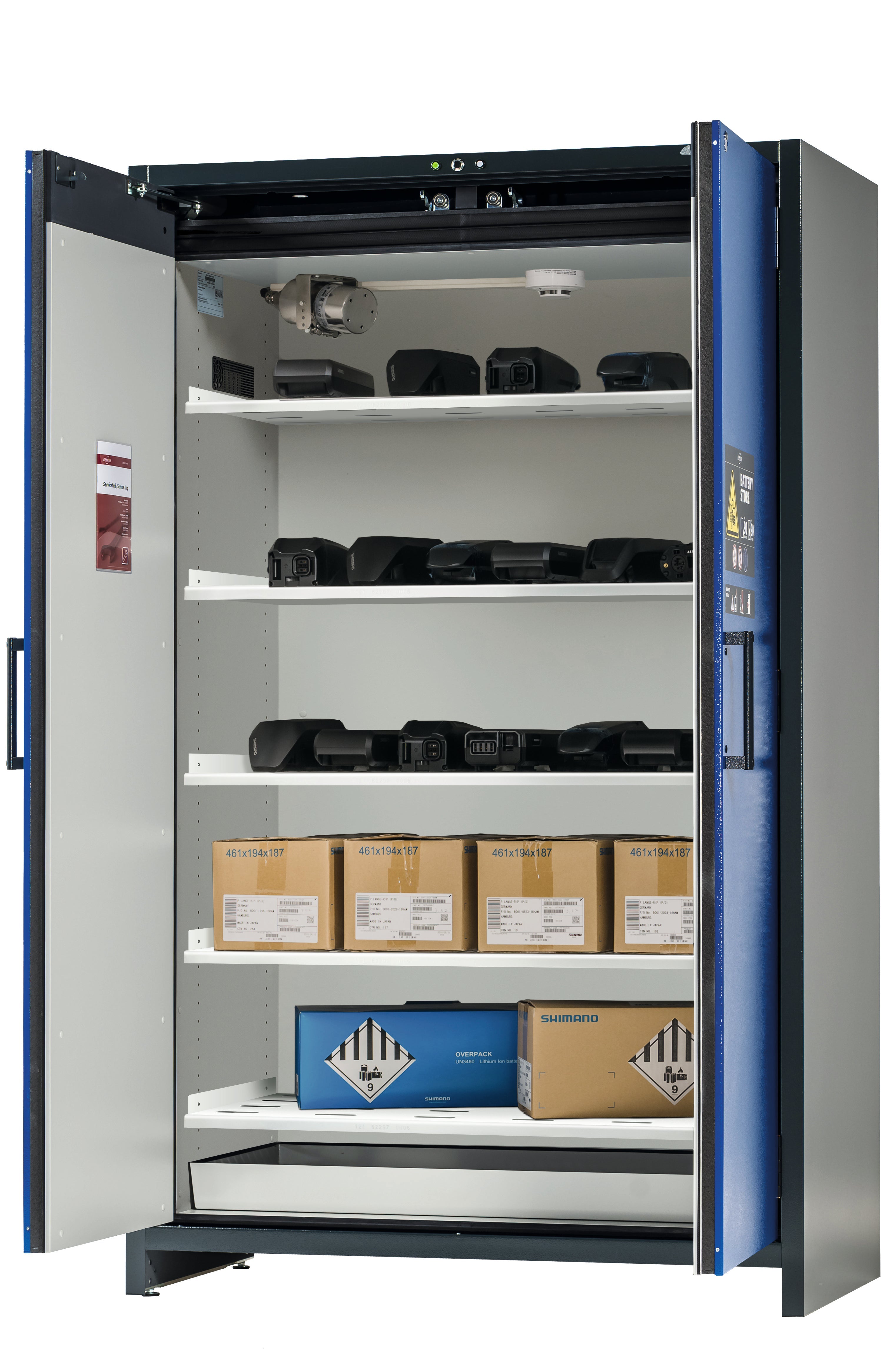 Type 90 BATTERY STORE PRO storage cabinet ION-STORE-90 model IO90.195.120.K2.WDC in gentian blue RAL 5010 with 5x perforated shelves (sheet steel)