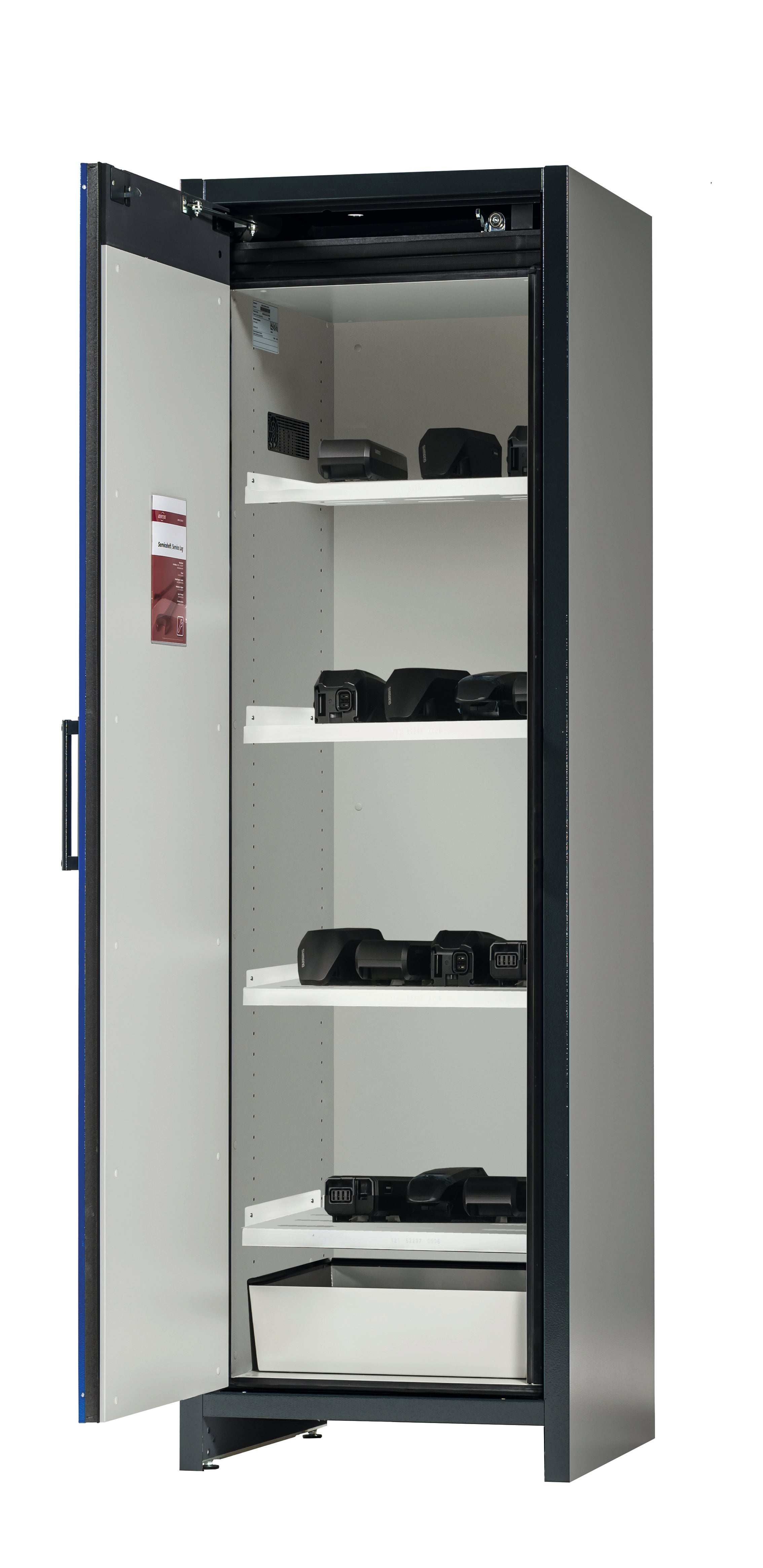 Type 90 BATTERY STORE storage cabinet ION-STORE-90 model IO90.195.060.K1.WDC in gentian blue RAL 5010 with 4x grids (sheet steel)