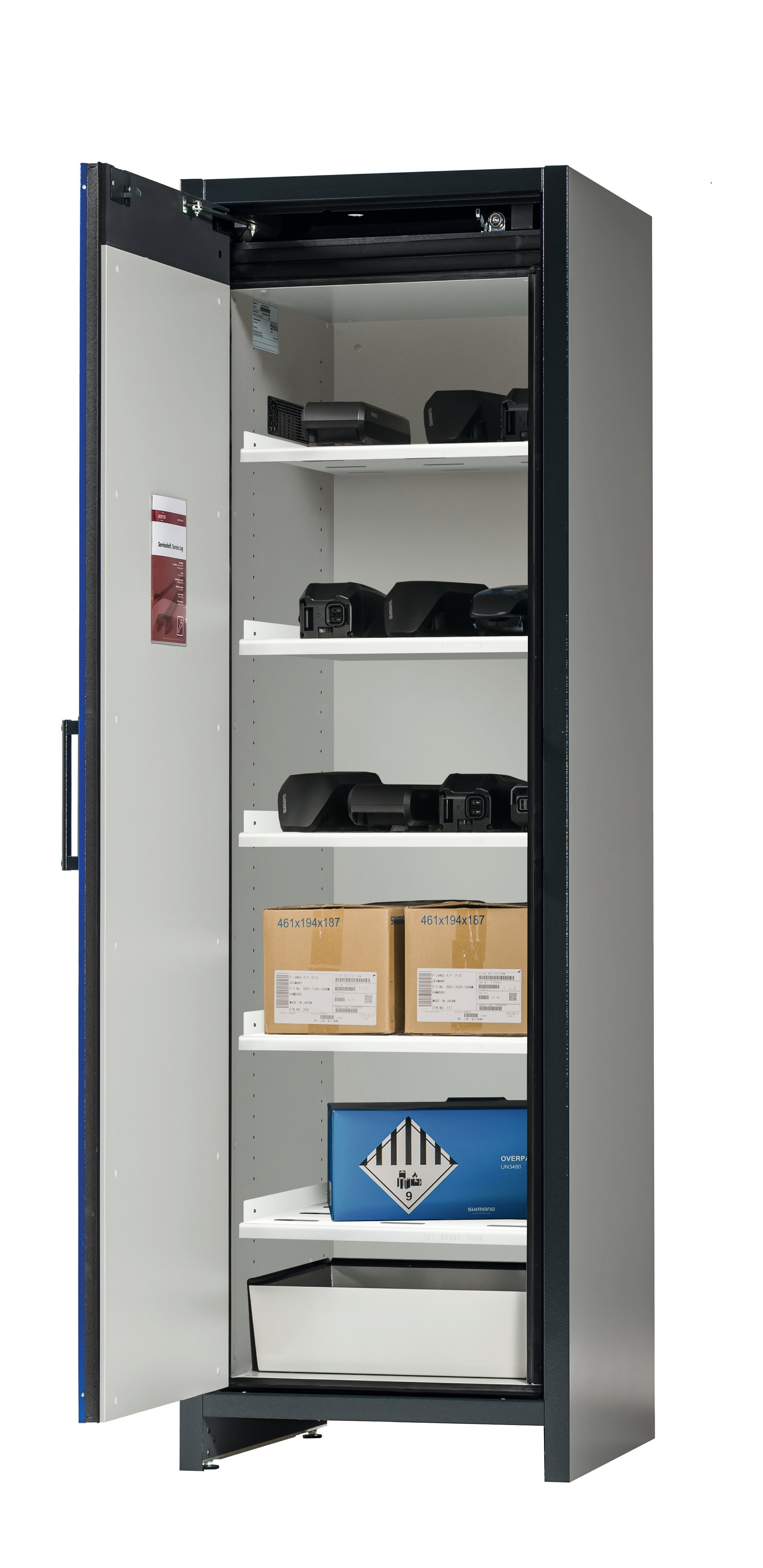 Type 90 BATTERY STORE storage cabinet ION-STORE-90 model IO90.195.060.K1.WDC in gentian blue RAL 5010 with 5x grid (sheet steel)