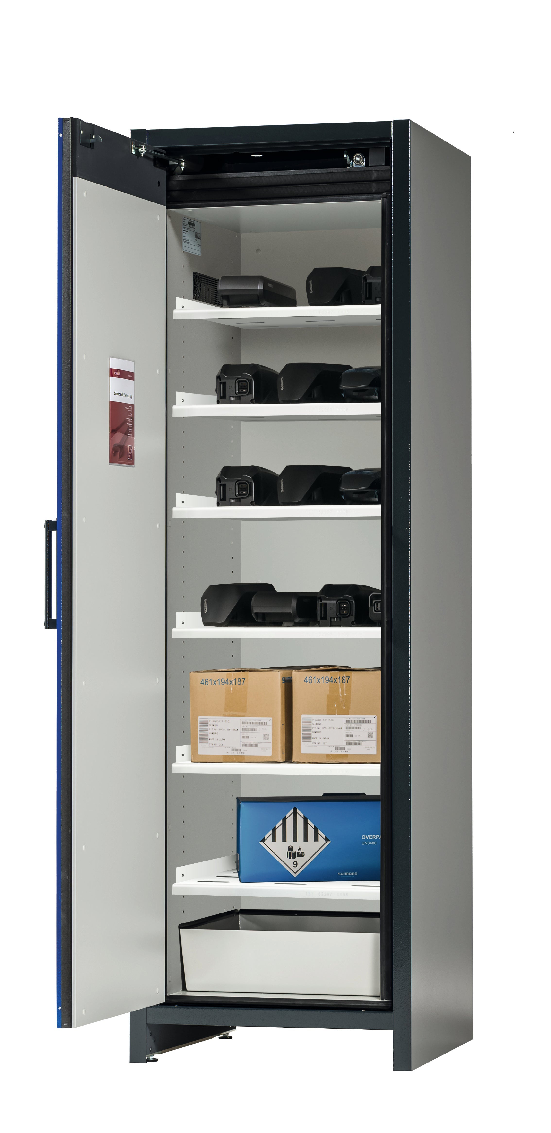 Type 90 BATTERY STORE storage cabinet ION-STORE-90 model IO90.195.060.K1.WDC in gentian blue RAL 5010 with 6x grid (sheet steel)