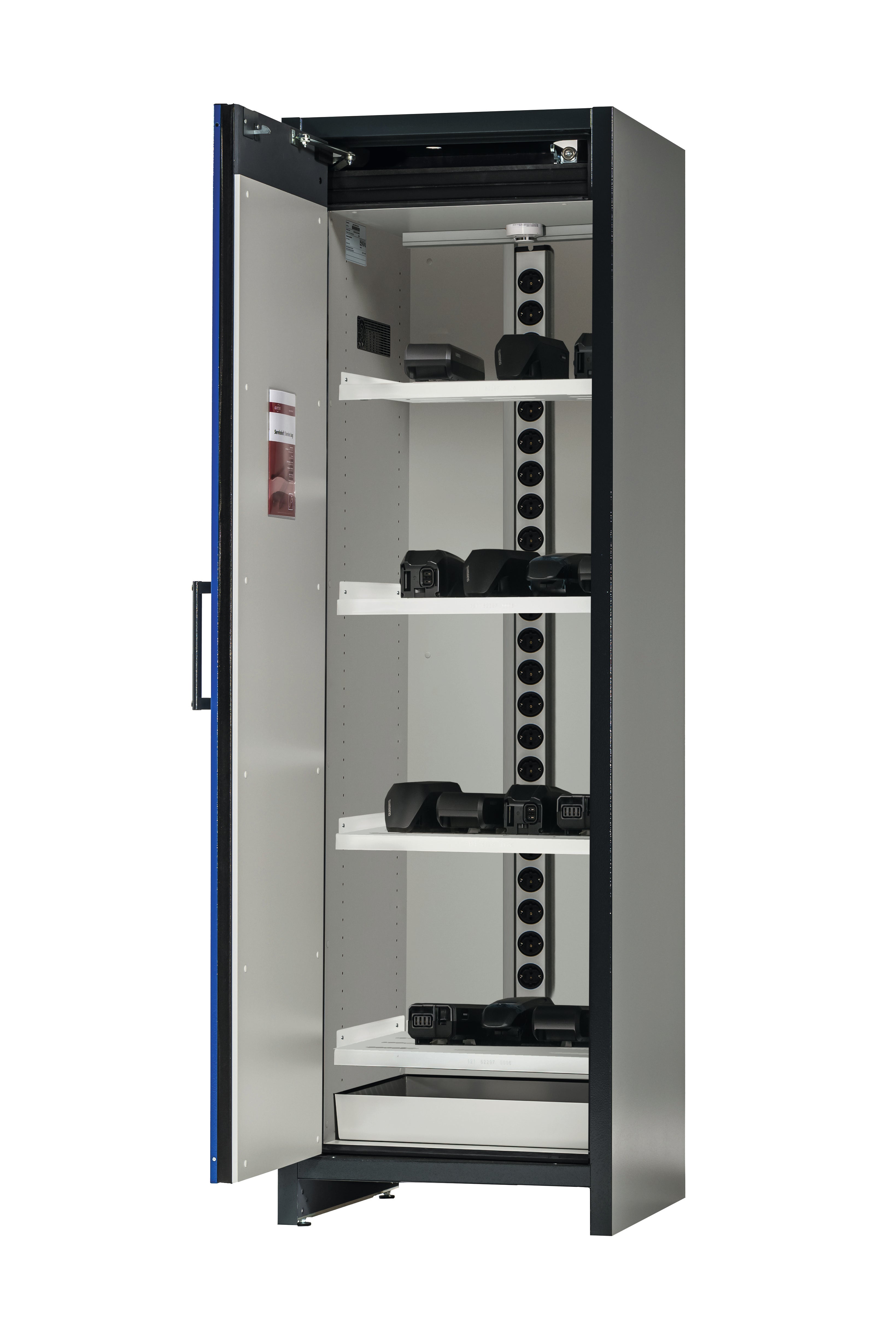 Type 90 BATTERY CHARGE charging cabinet ION-CHARGE-90 model IO90.195.060.K9.WDC in gentian blue RAL 5010 with 4x perforated shelves (sheet steel)