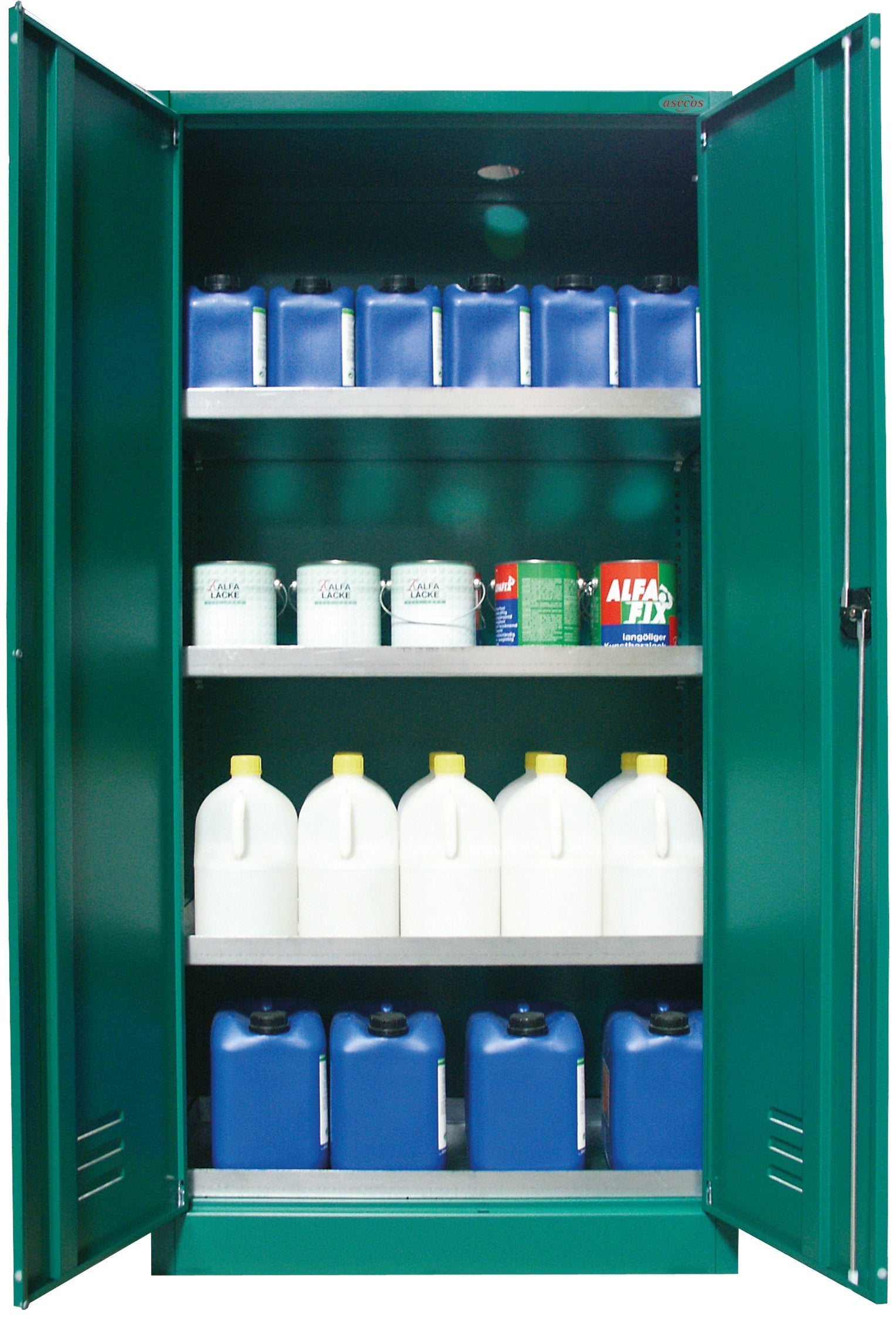 Armoire pour produits phytopharmaceutiques E-PSM modèle EP.195.095 (équipements àœHP) vert turquoise RAL 6016 avec 3x pieds à plateaux standard (tôle d'acier)