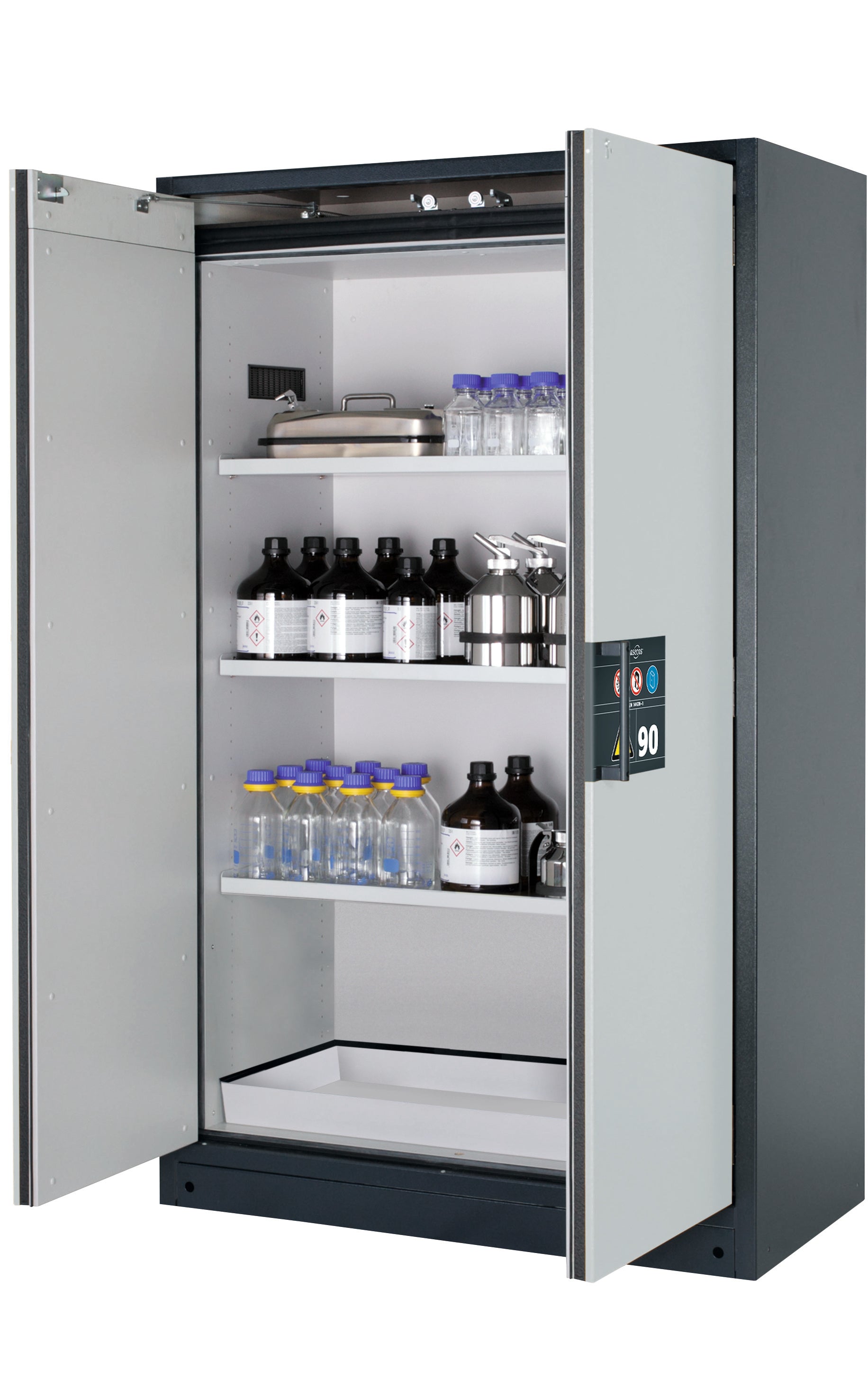 Type 90 safety storage cabinet Q-CLASSIC-90 model Q90.195.120 in light grey RAL 7035 with 3x shelf standard (sheet steel),