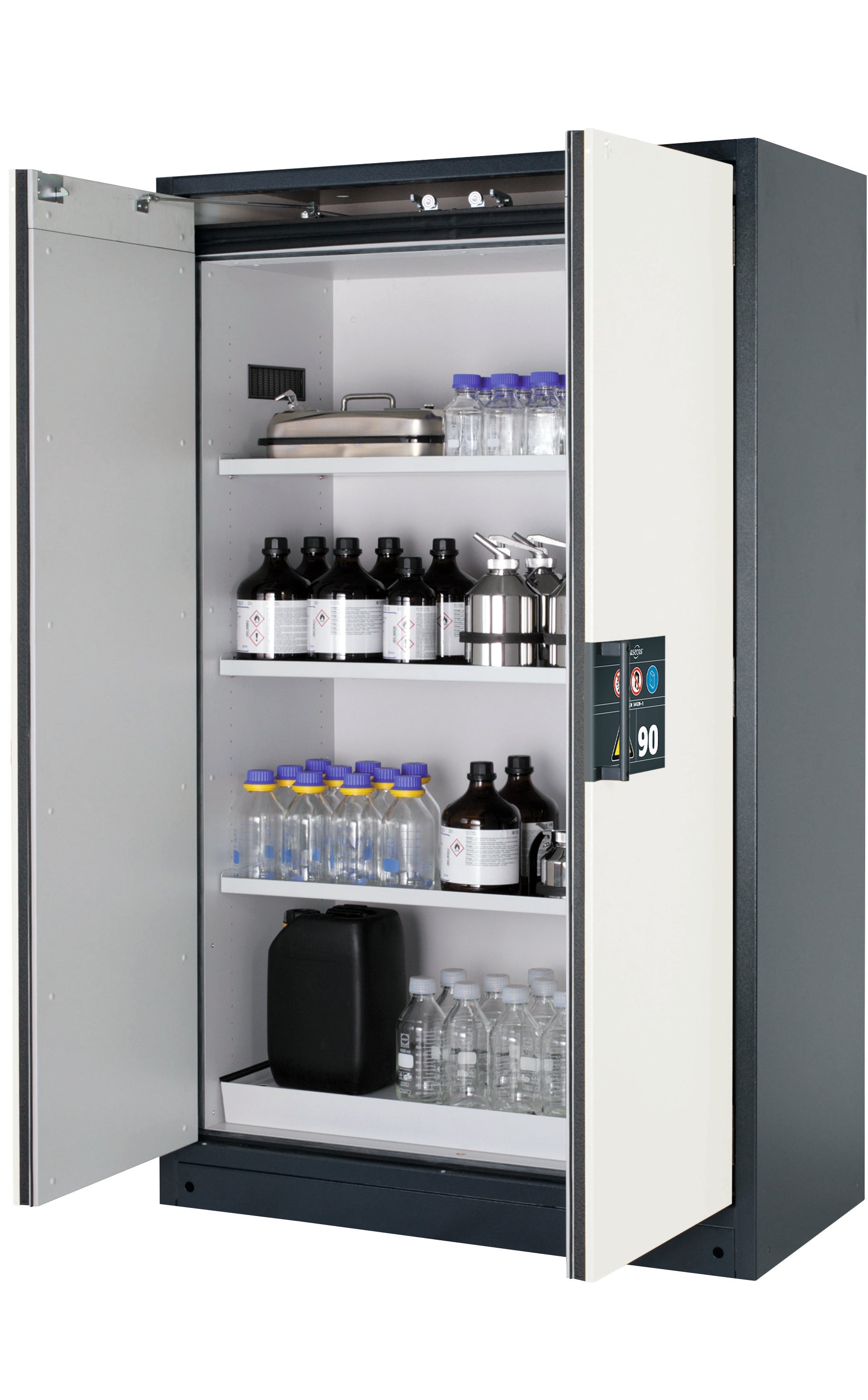 Type 90 safety storage cabinet Q-CLASSIC-90 model Q90.195.120 in pure white RAL 9010 with 3x tray shelf (standard) (sheet steel),