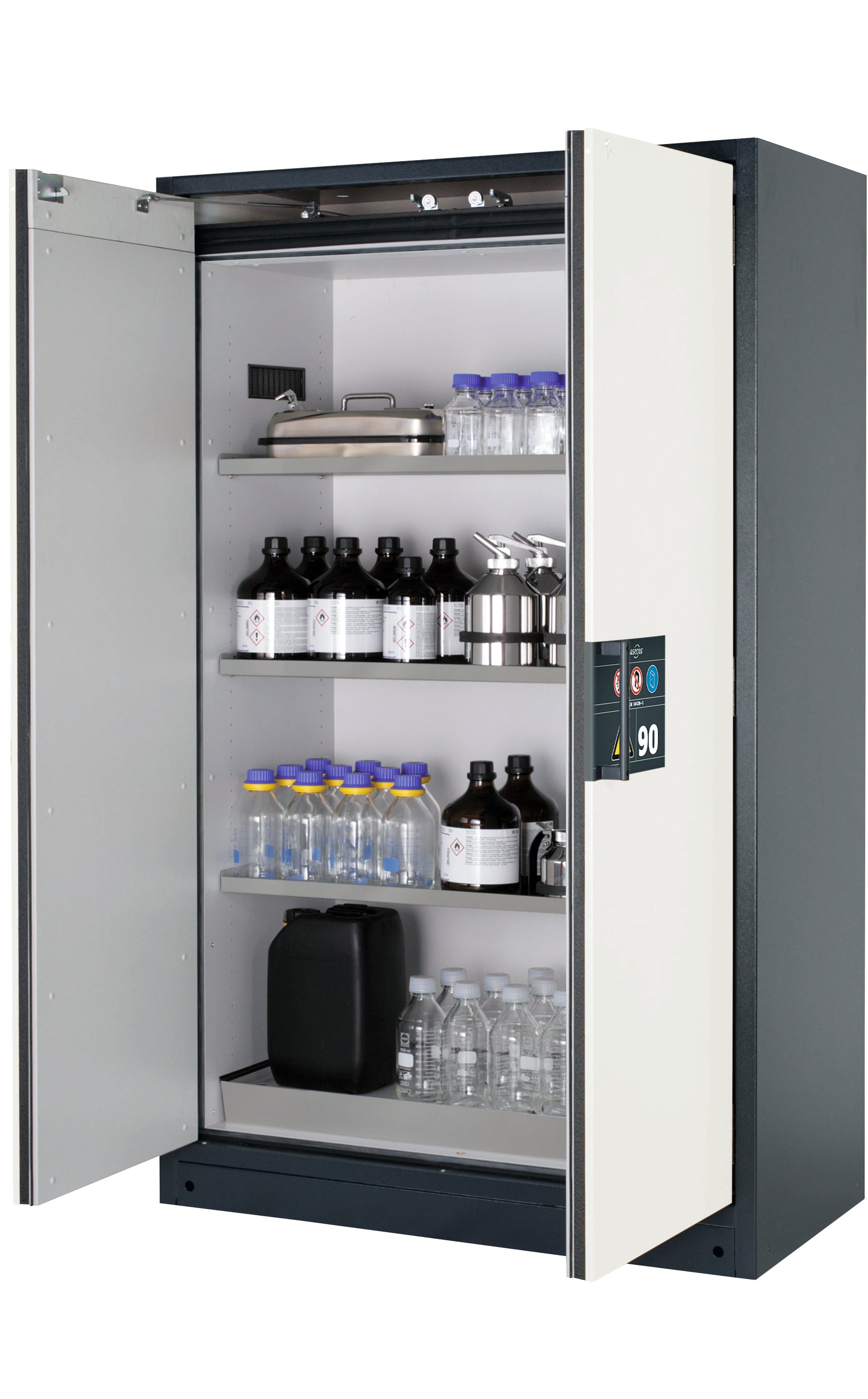 Type 90 safety storage cabinet Q-CLASSIC-90 model Q90.195.120 in pure white RAL 9010 with 3x shelf standard (stainless steel 1.4301),