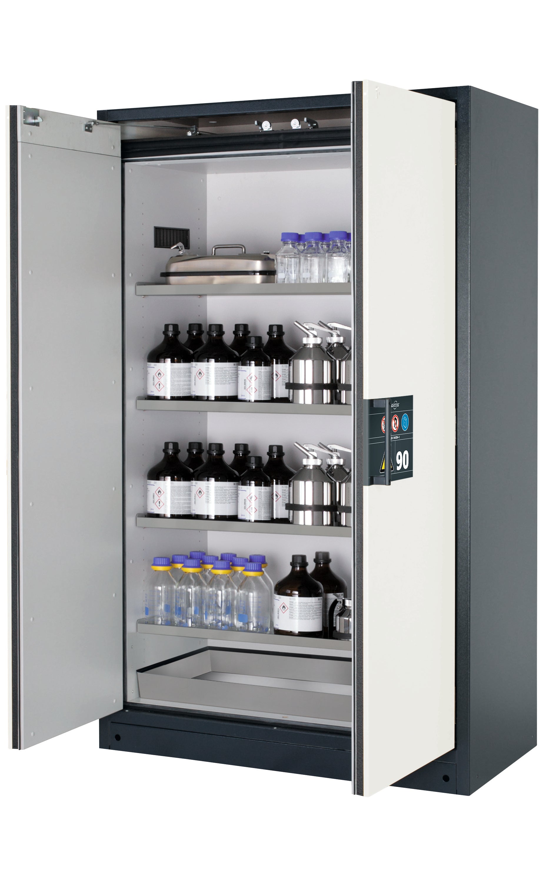 Type 90 safety storage cabinet Q-CLASSIC-90 model Q90.195.120 in pure white RAL 9010 with 4x shelf standard (stainless steel 1.4301),