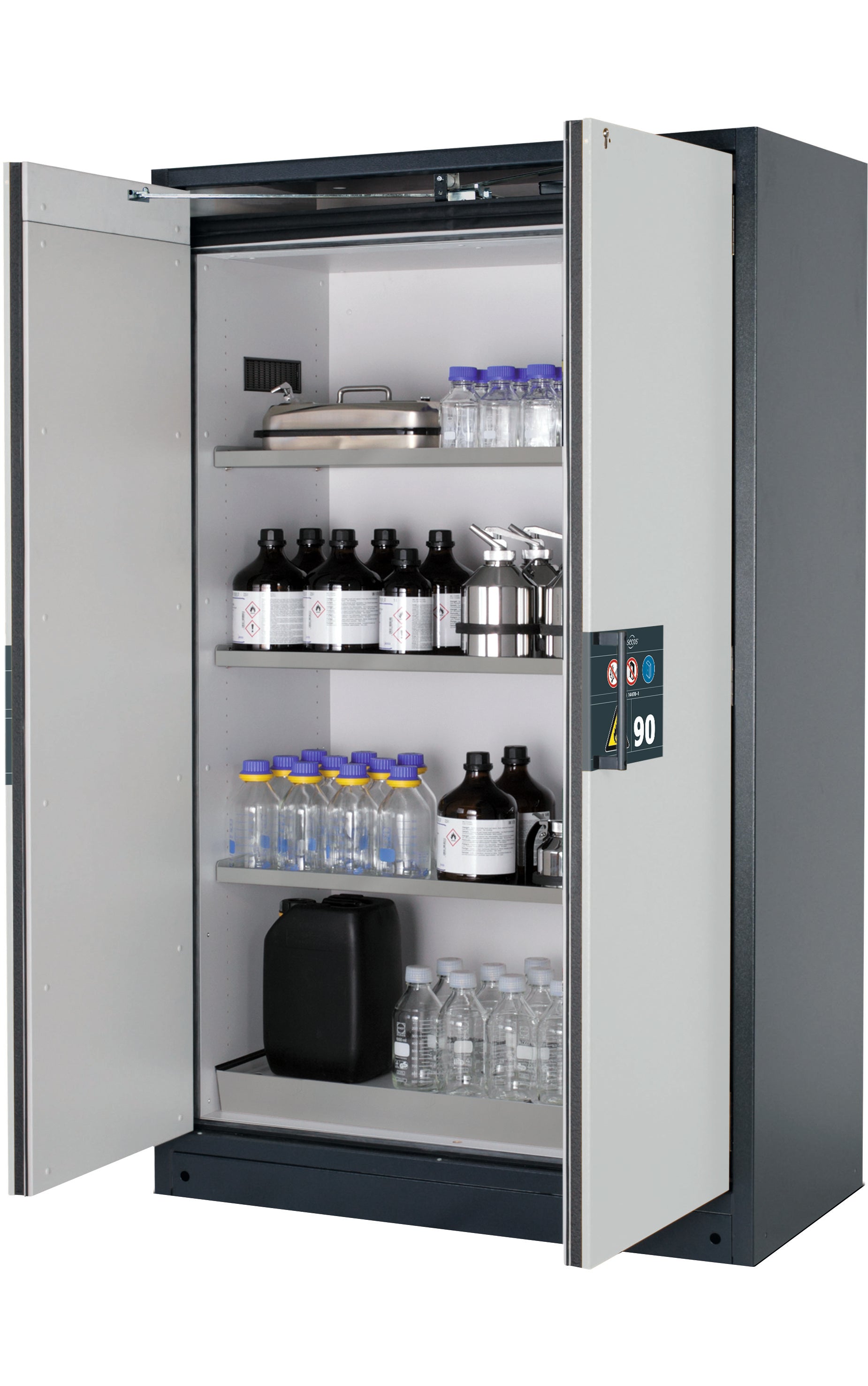 Type 90 safety storage cabinet Q-PEGASUS-90 model Q90.195.120.WDAC in light grey RAL 7035 with 3x shelf standard (stainless steel 1.4301),