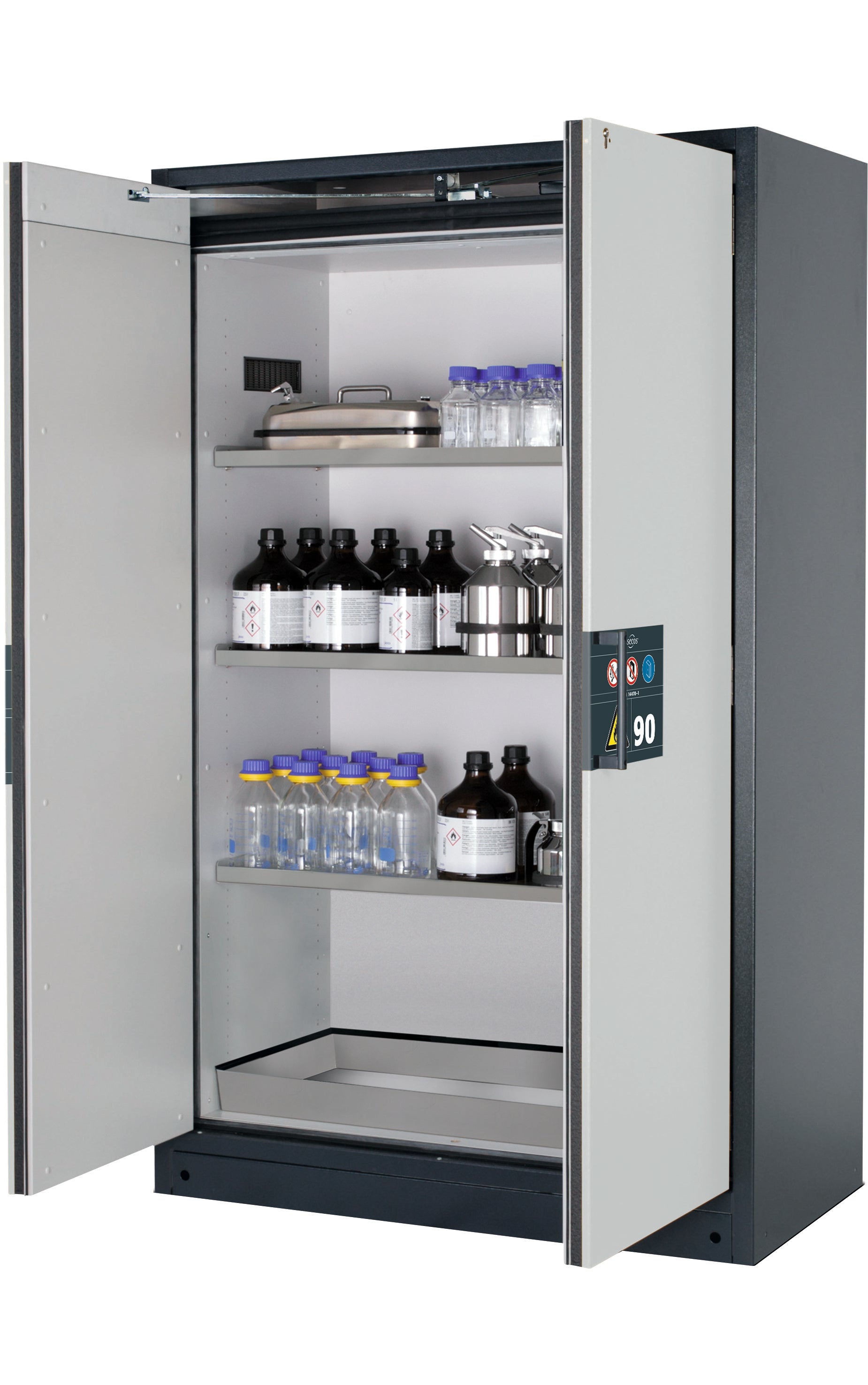 Type 90 safety storage cabinet Q-PEGASUS-90 model Q90.195.120.WDAC in light grey RAL 7035 with 3x shelf standard (stainless steel 1.4301),