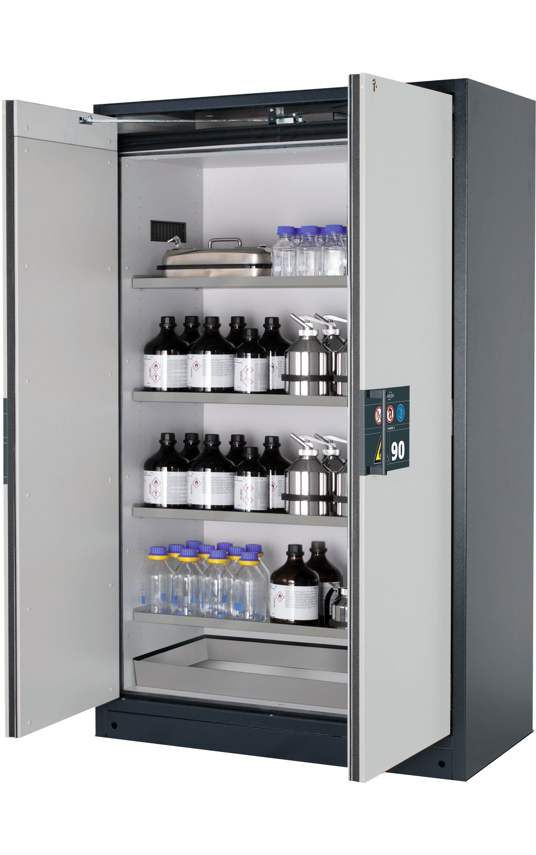 Type 90 safety storage cabinet Q-PEGASUS-90 model Q90.195.120.WDAC in light grey RAL 7035 with 4x shelf standard (stainless steel 1.4301),