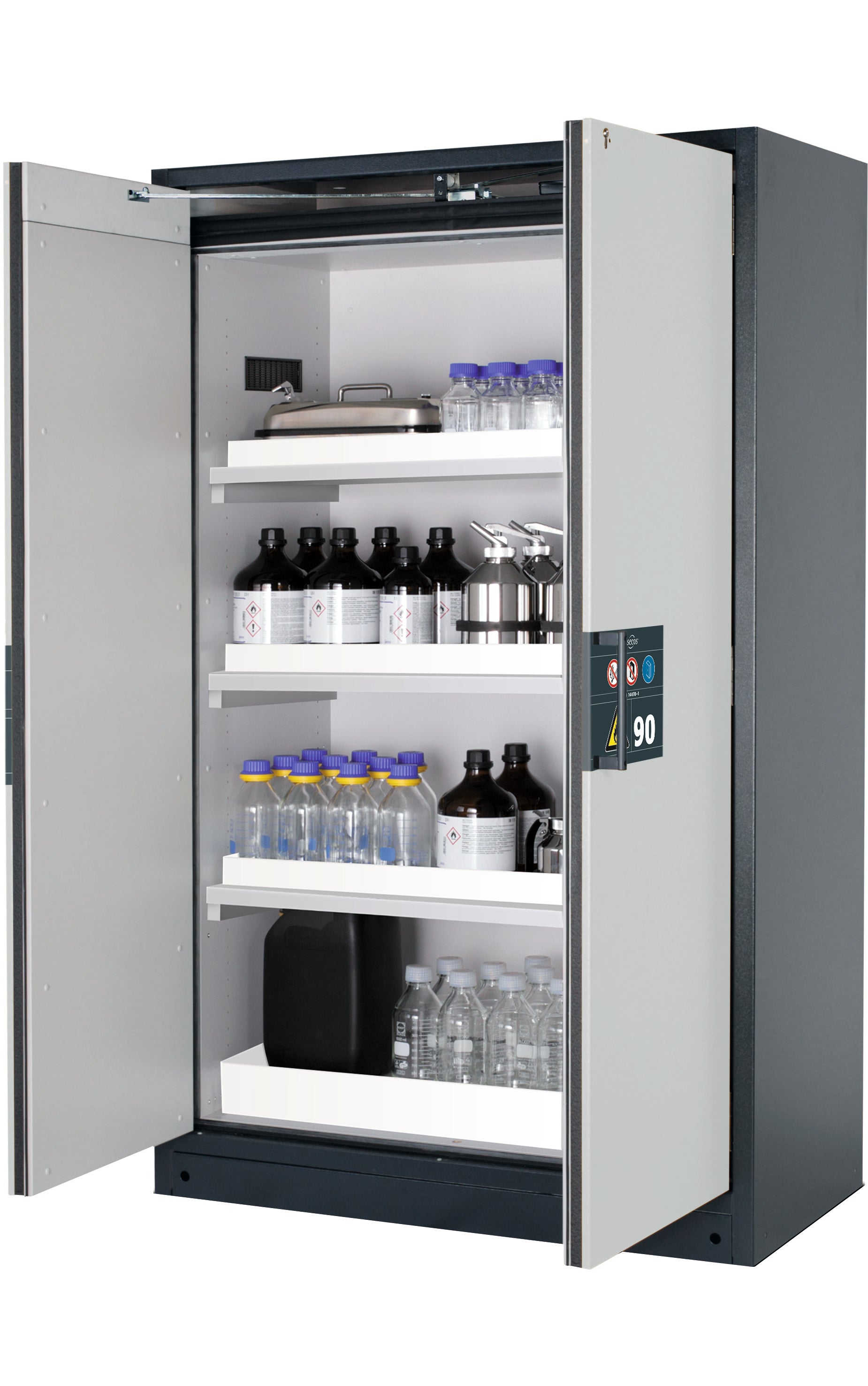 Type 90 safety storage cabinet Q-PEGASUS-90 model Q90.195.120.WDAC in light grey RAL 7035 with 3x tray shelf (standard) (polypropylene),