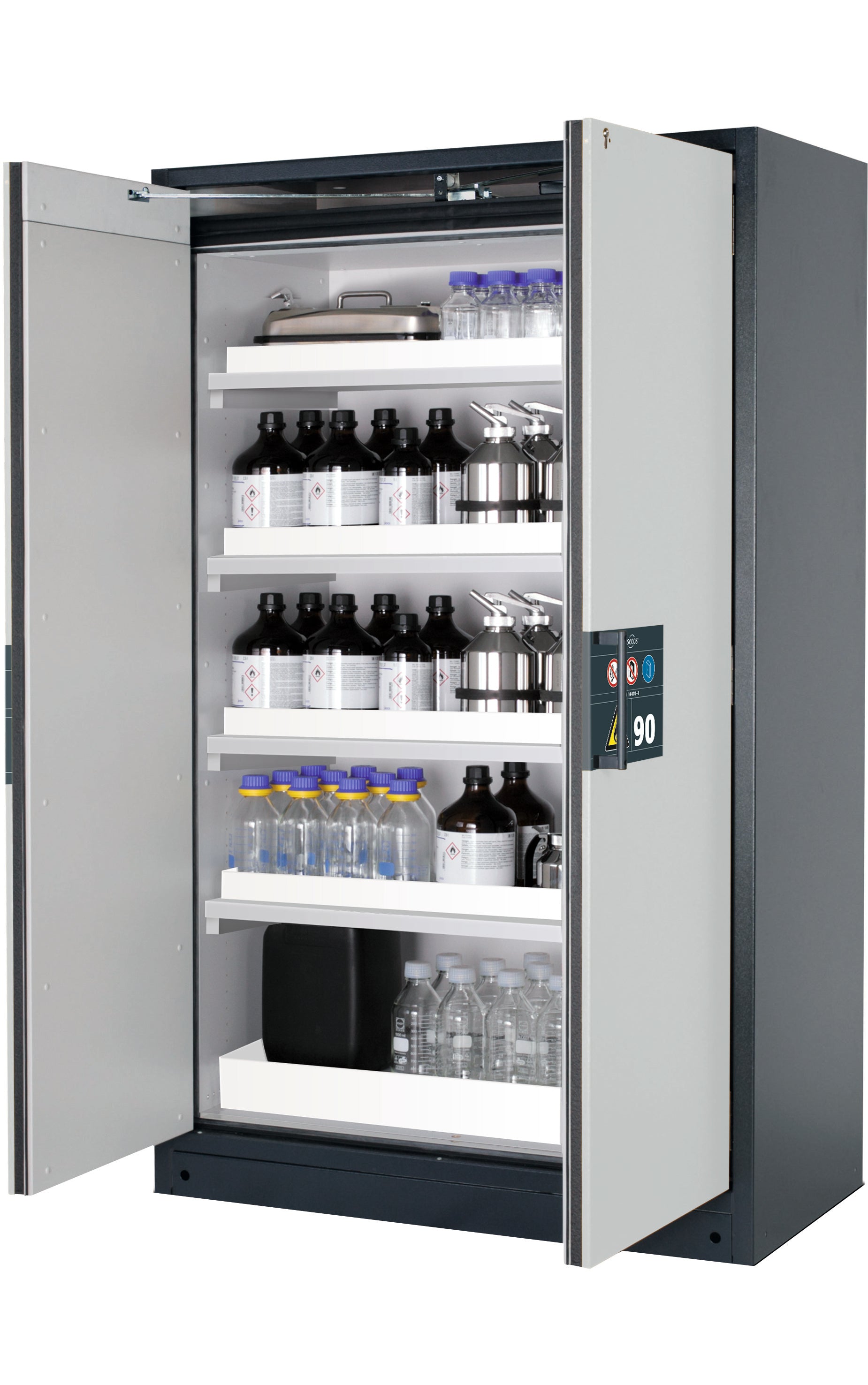 Type 90 safety storage cabinet Q-PEGASUS-90 model Q90.195.120.WDAC in light grey RAL 7035 with 4x tray shelf (standard) (polypropylene),