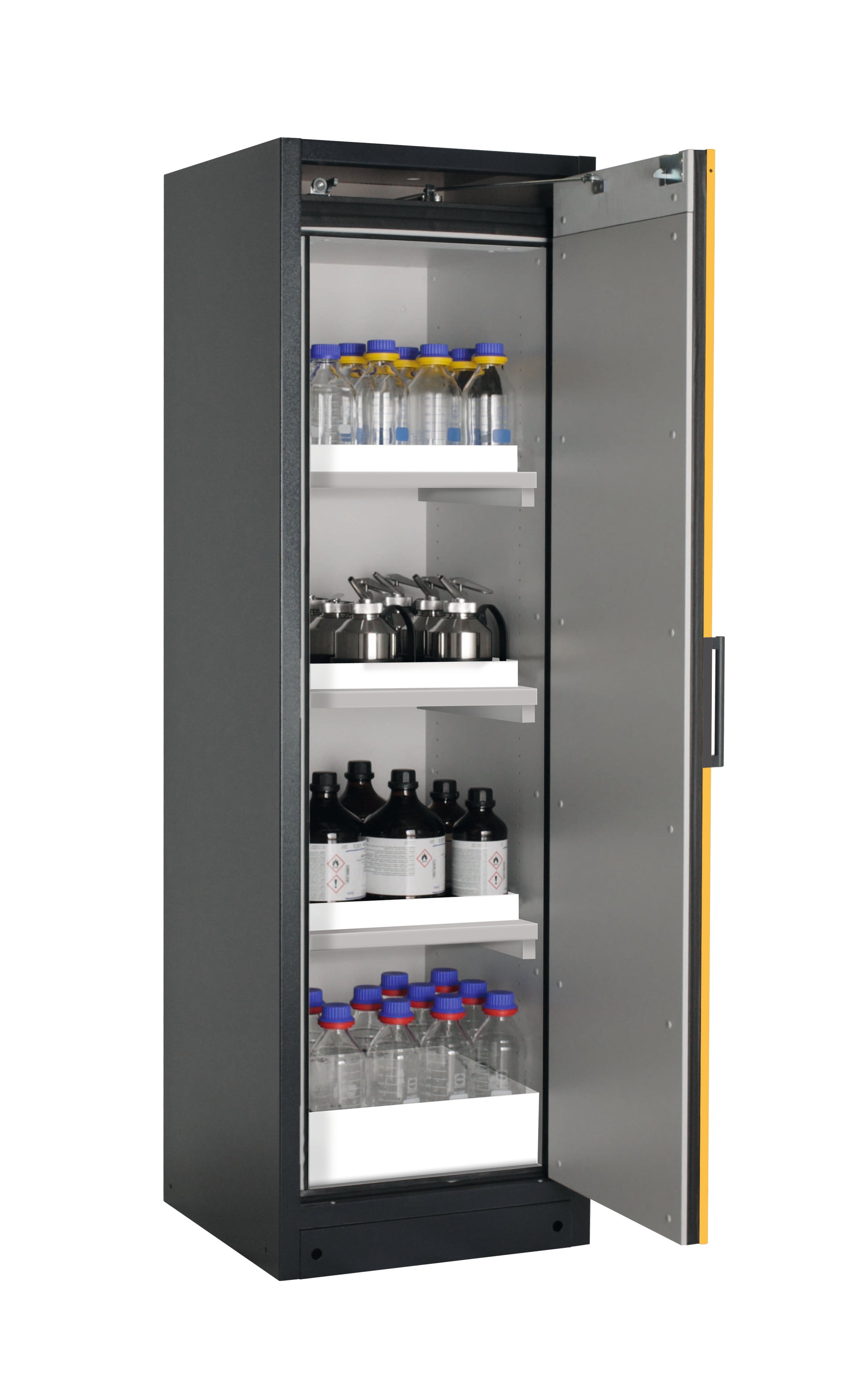 Typ 90 Sicherheitsschrank Q-PEGASUS-90 Modell Q90.195.060.WDACR in sicherheitsgelb RAL 1004 mit 3x Wannenboden Standard (Polypropylen)