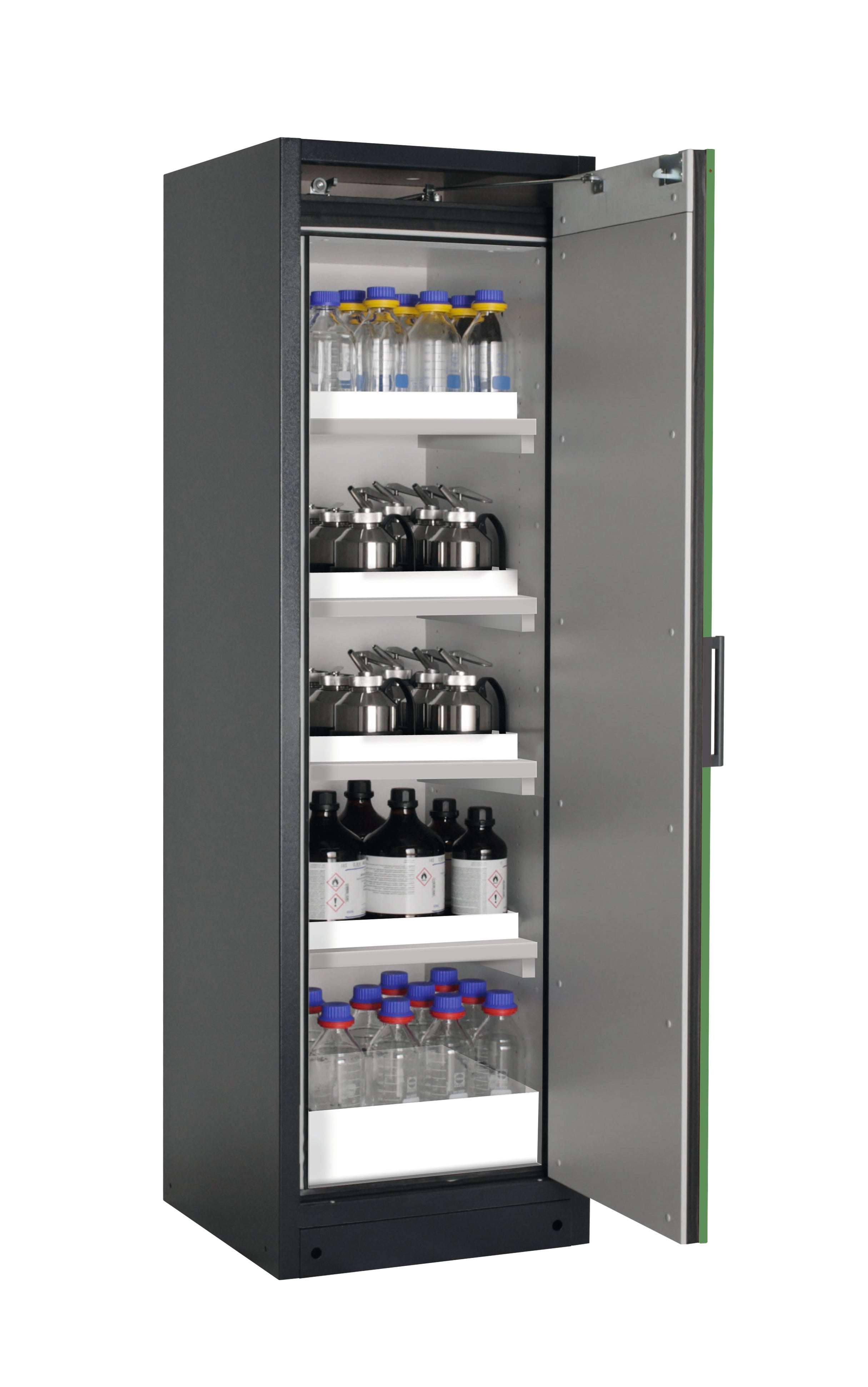 Typ 90 Sicherheitsschrank Q-PEGASUS-90 Modell Q90.195.060.WDACR in resedagrün RAL 6011 mit 4x Wannenboden Standard (Polypropylen)
