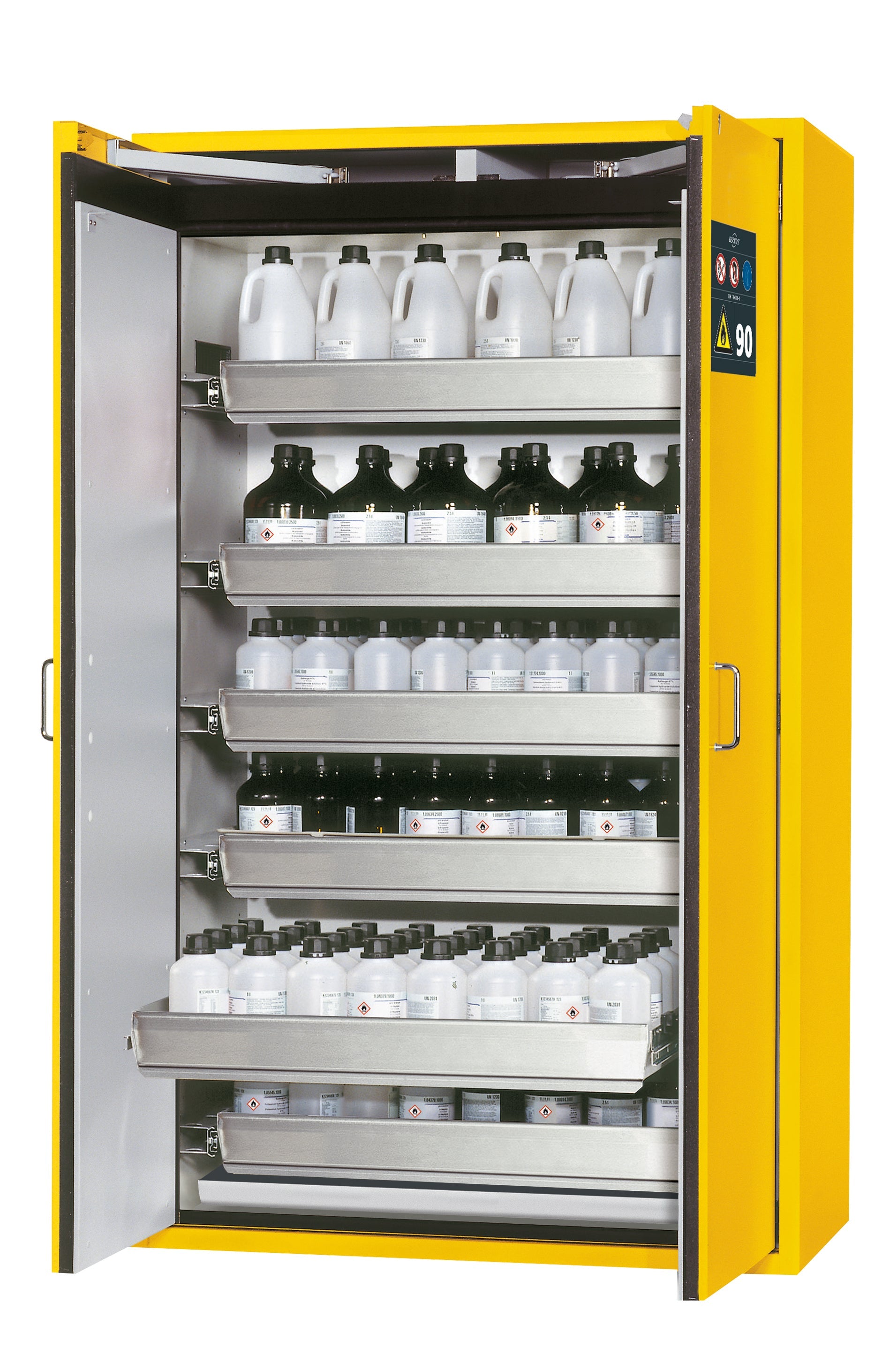 Type 90 safety storage cabinet S-CLASSIC-90 model S90.196.120.WDAS in warning yellow RAL 1004 with 6x drawer (standard) (stainless steel 1.4301),