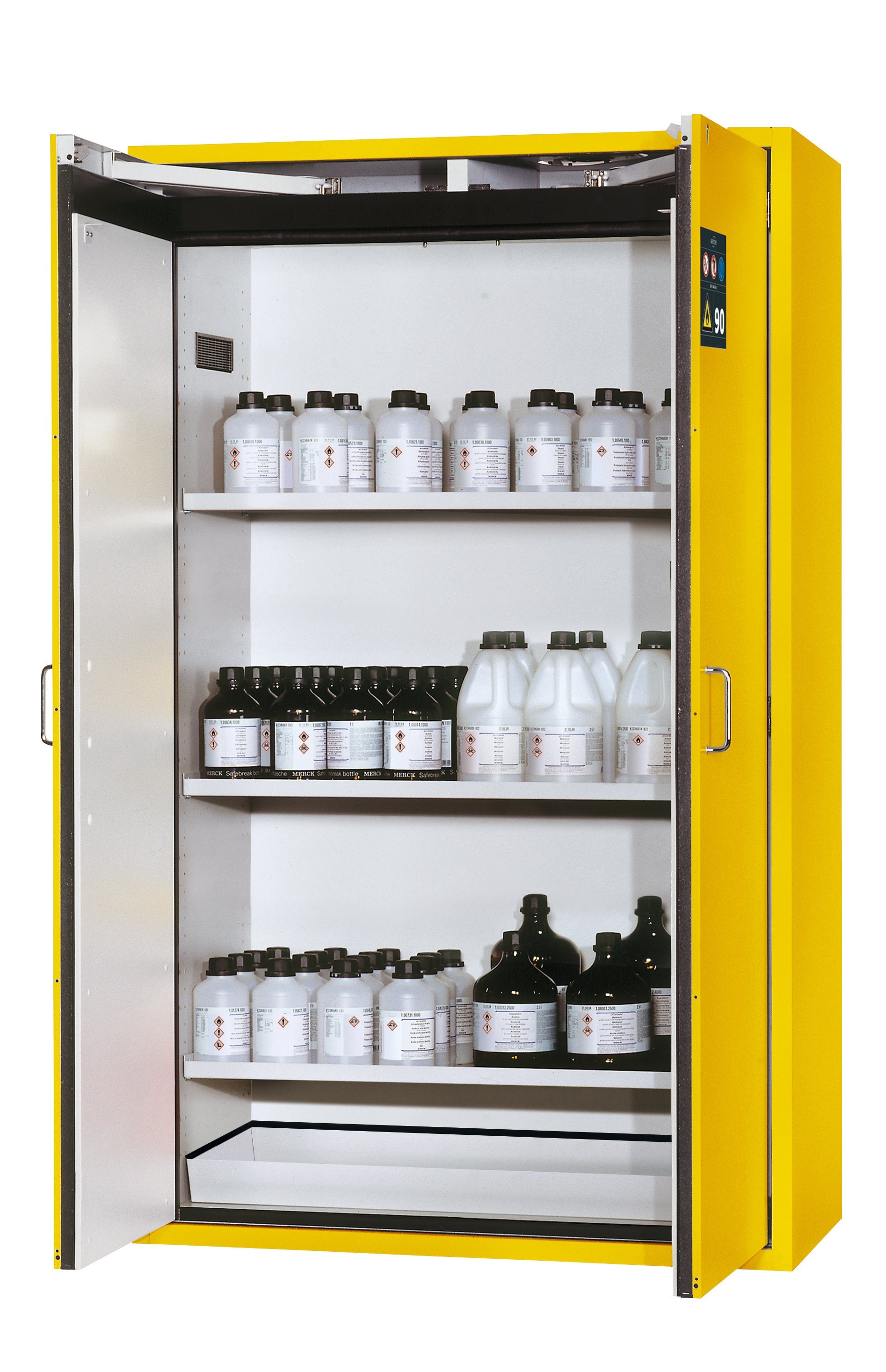 Type 90 safety storage cabinet S-CLASSIC-90 model S90.196.120.WDAS in warning yellow RAL 1004 with 3x shelf standard (sheet steel),