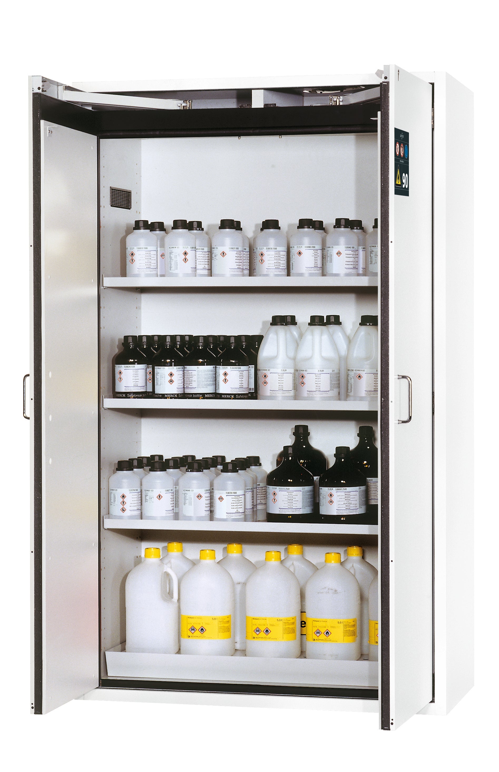 Type 90 safety storage cabinet S-CLASSIC-90 model S90.196.120.WDAS in laboratory white (sim. RAL 9016) with 3x shelf standard (sheet steel),