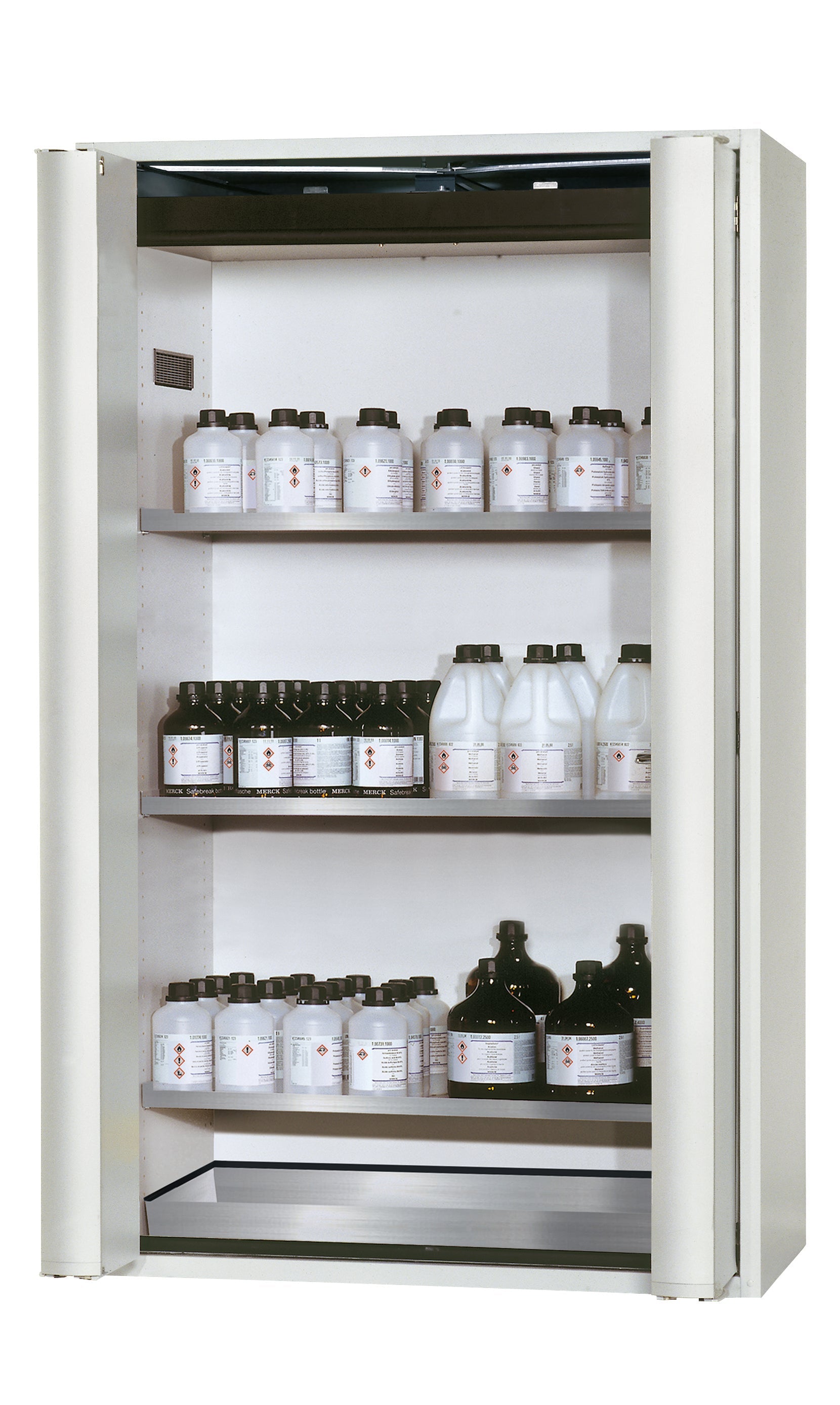 Type 90 safety storage cabinet S-PHOENIX Vol.2-90 model S90.196.120.FDAC in light grey RAL 7035 with 3x shelf standard (stainless steel 1.4301),