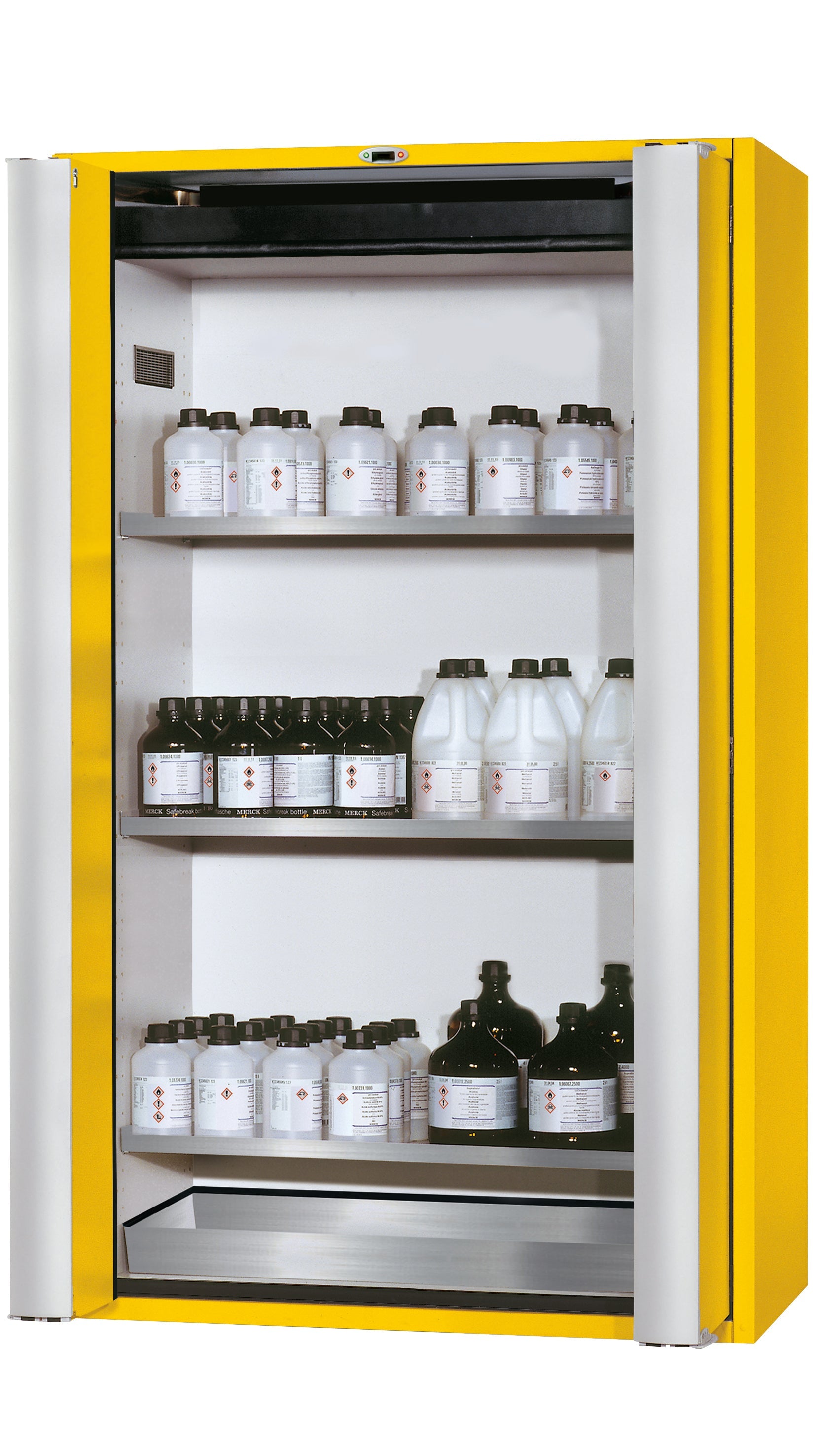 Type 90 safety cabinet S-PHOENIX touchless-90 model S90.196.120.FDAO in safety yellow RAL 1004 with 3x standard shelves (stainless steel 1.4301)