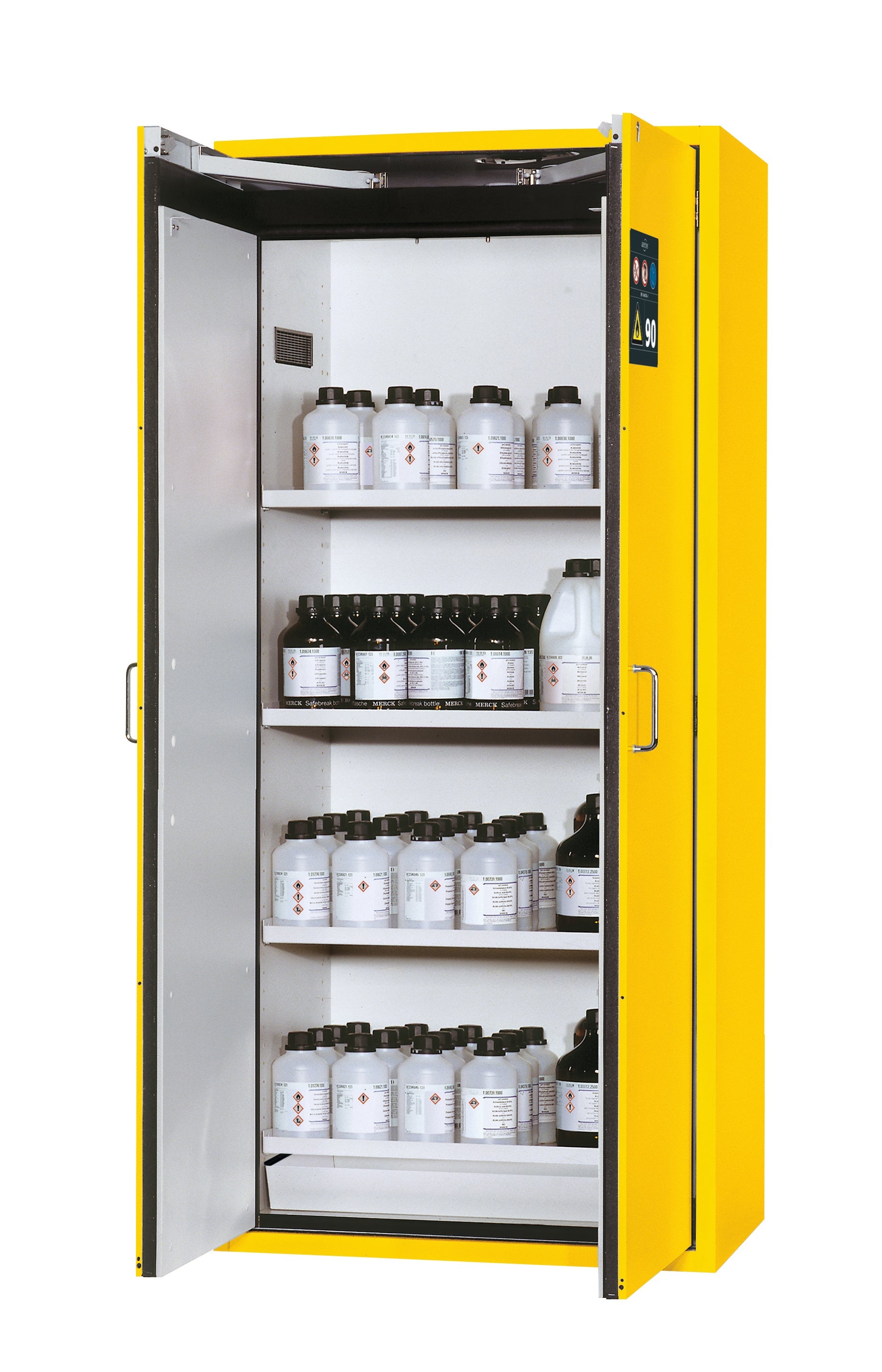 Type 90 safety cabinet S-CLASSIC-90 model S90.196.090 in safety yellow RAL 1004 with 4x standard shelves (sheet steel)