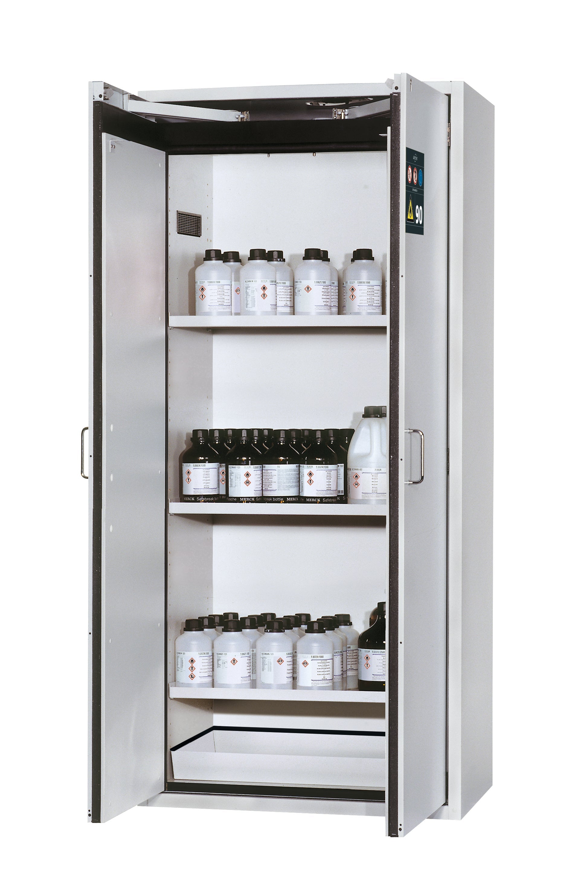 Armoire de sécurité type 90 S-CLASSIC-90 modèle S90.196.090.WDAS en gris clair RAL 7035 avec 3x étagères standard (tôle d'acier)