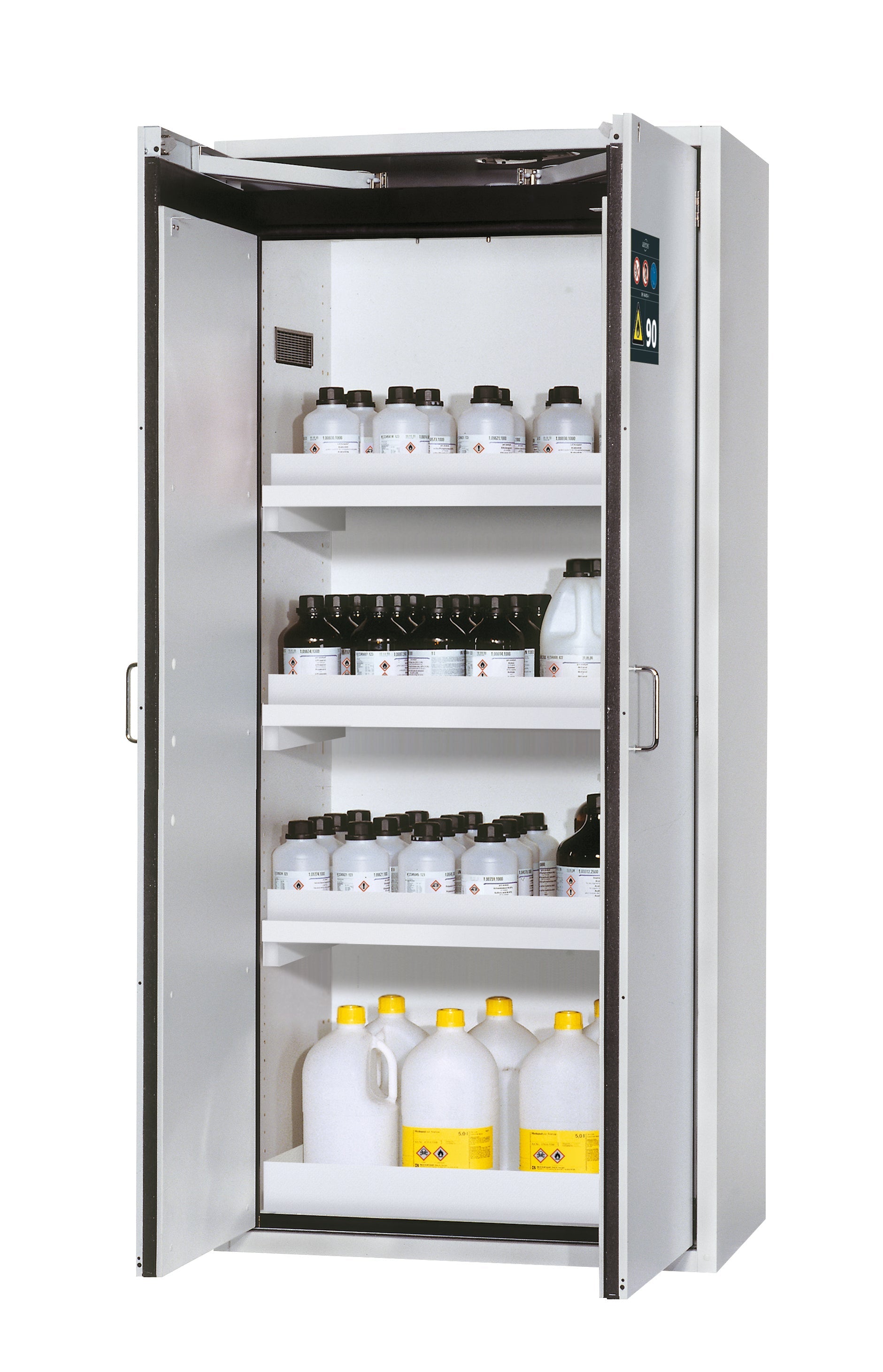 Type 90 safety cabinet S-CLASSIC-90 model S90.196.090 in light gray RAL 7035 with 3x standard tray base (polypropylene)