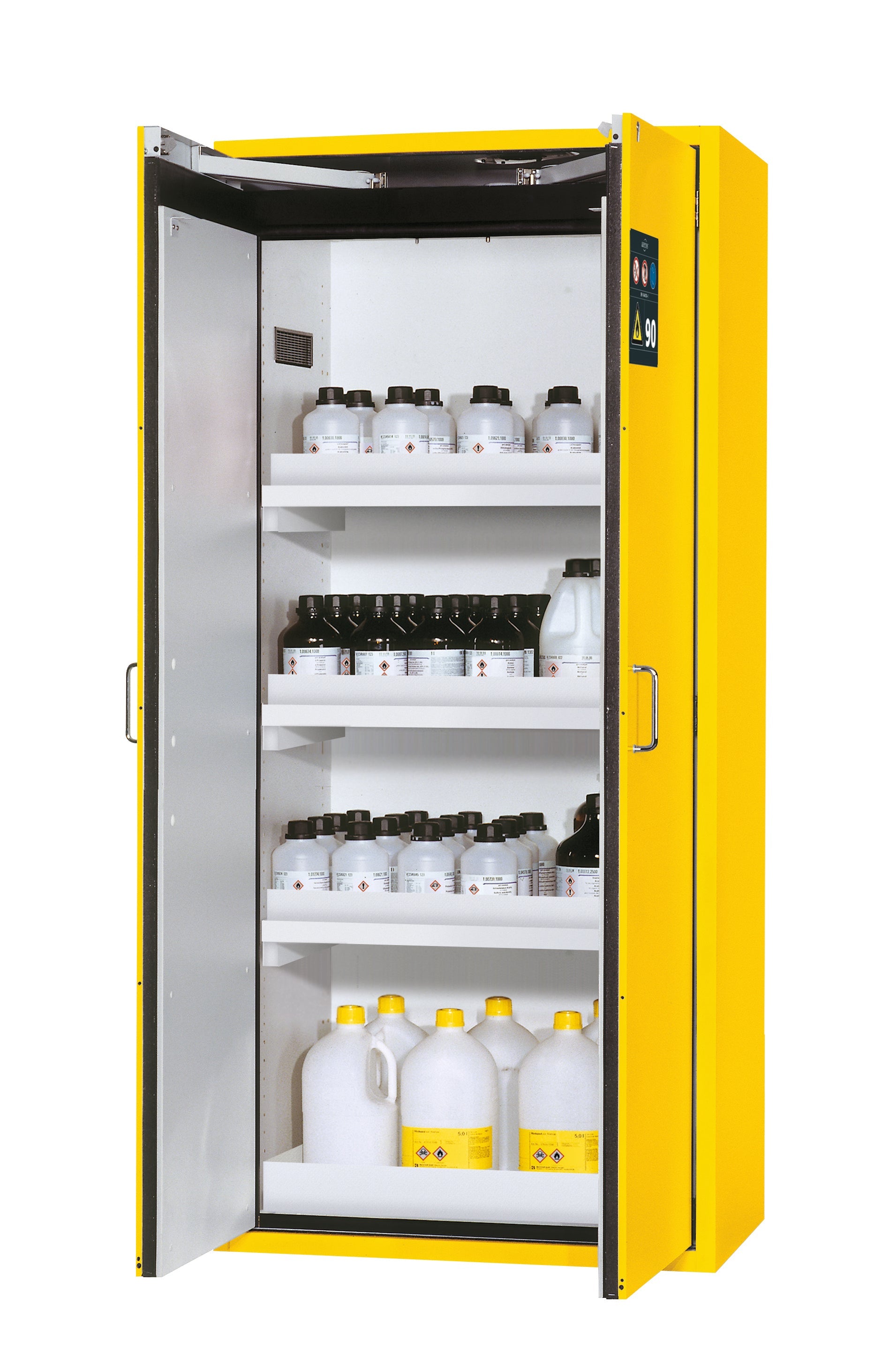 Type 90 safety cabinet S-CLASSIC-90 model S90.196.090 in safety yellow RAL 1004 with 3x standard tray base (polypropylene)