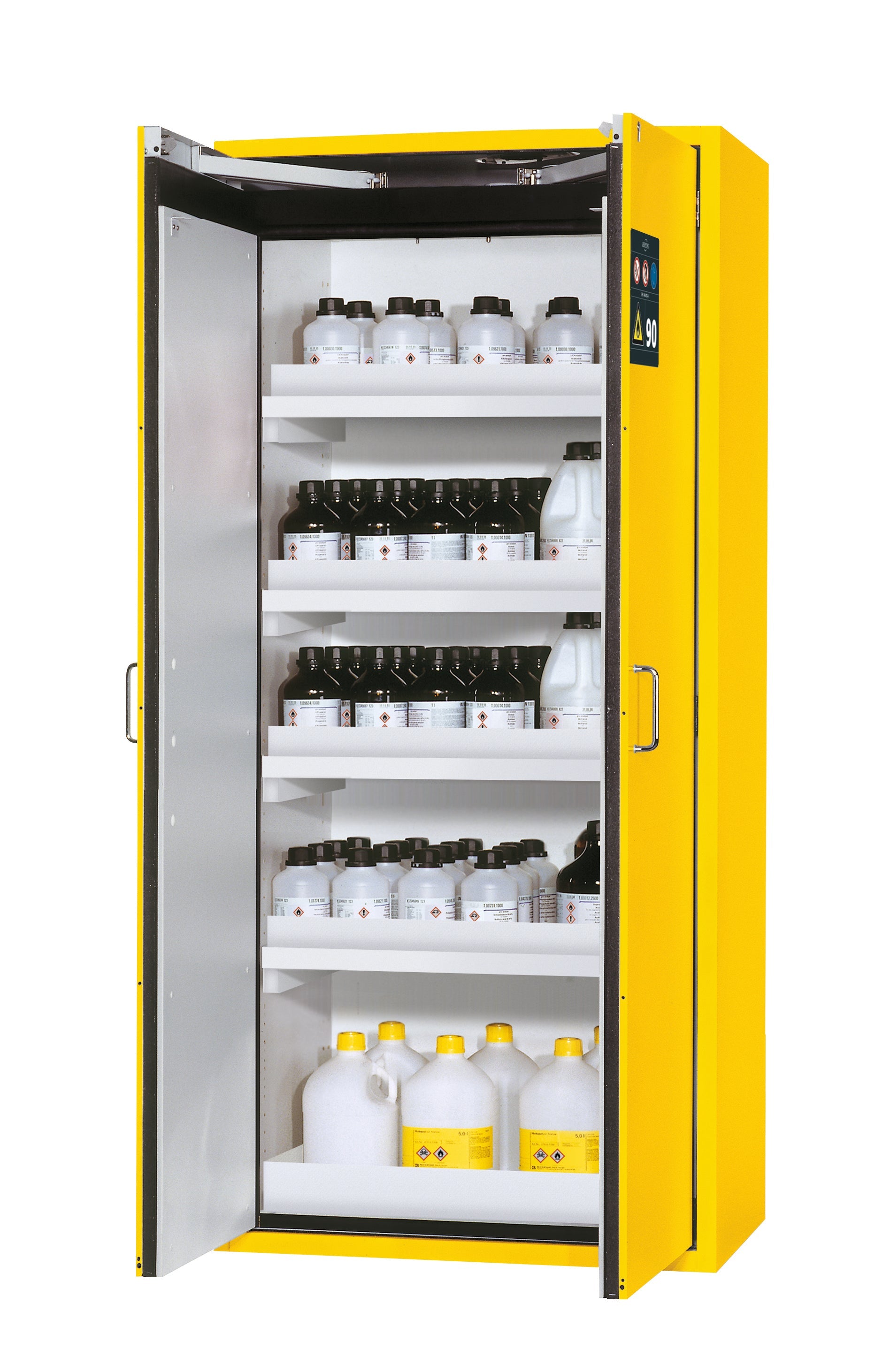 Type 90 safety cabinet S-CLASSIC-90 model S90.196.090 in safety yellow RAL 1004 with 4x standard tray base (polypropylene)