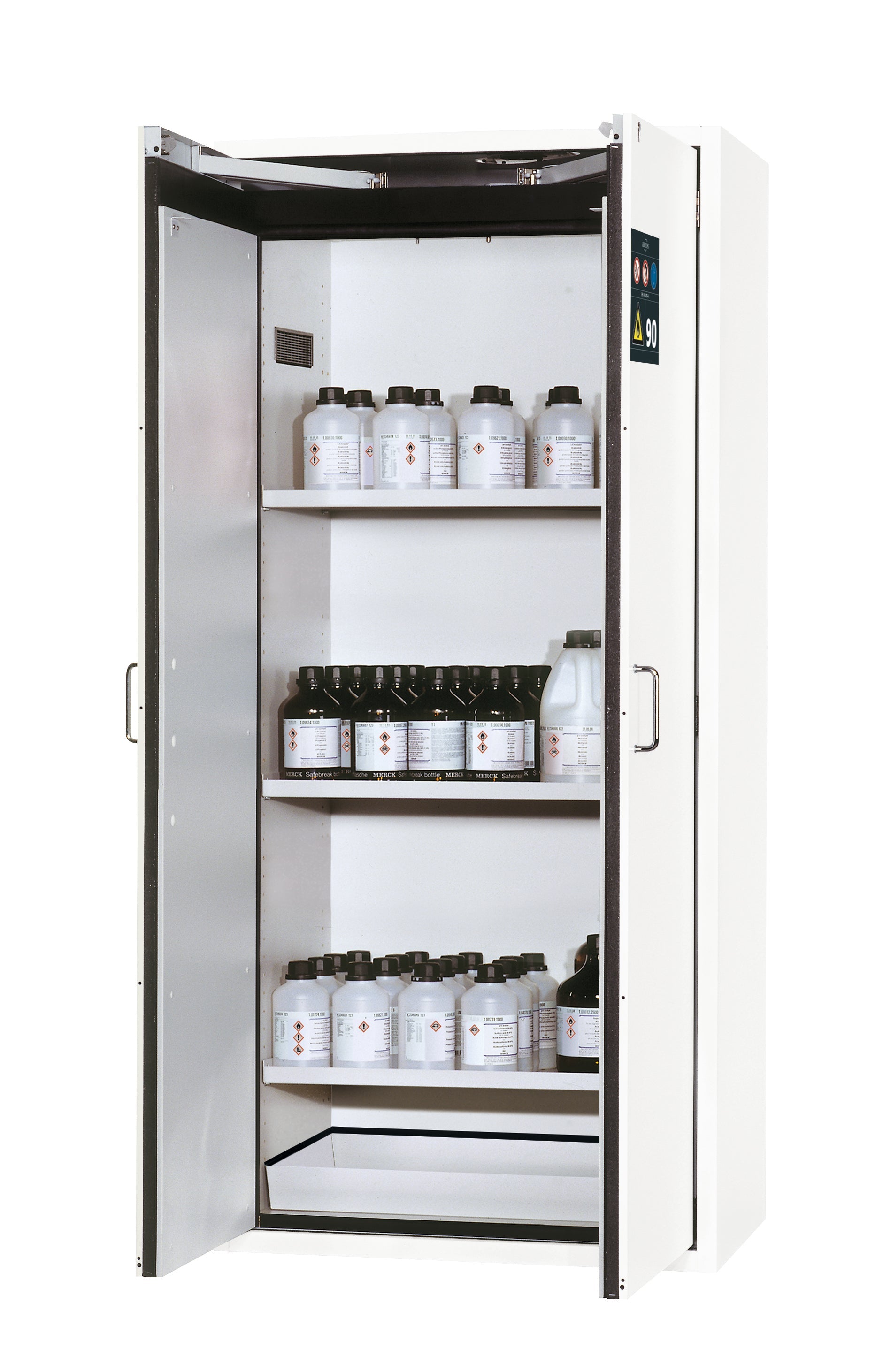 Armoire de sécurité type 90 S-CLASSIC-90 modèle S90.196.090.WDAS en blanc de laboratoire (similaire à RAL 9016) avec 3 étagères standard (tôle d'acier)