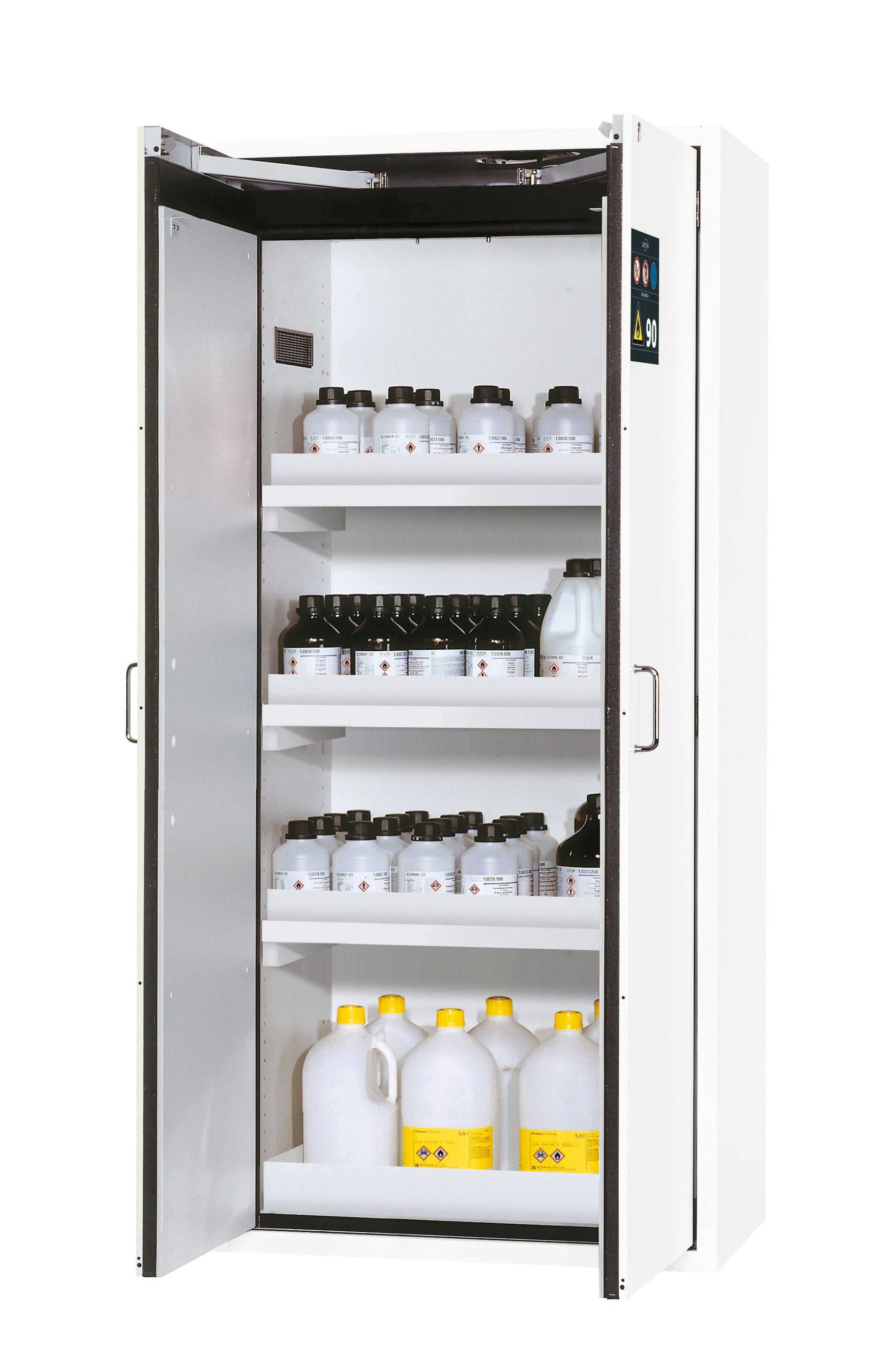 Type 90 safety cabinet S-CLASSIC-90 model S90.196.090.WDAS in laboratory white (similar to RAL 9016) with 3x standard tray base (polypropylene)