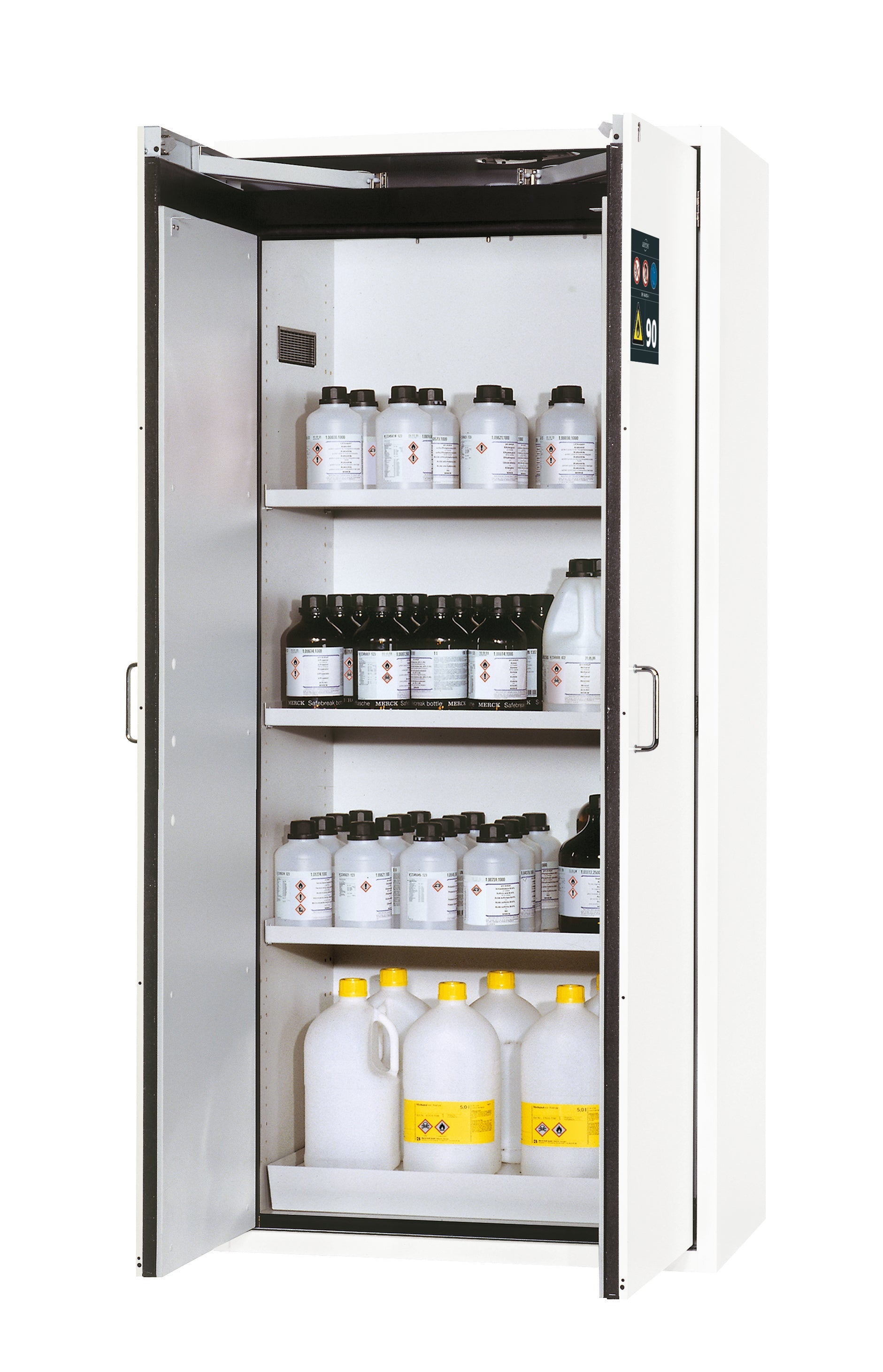 Armoire de sécurité type 90 S-CLASSIC-90 modèle S90.196.090.WDAS en blanc de laboratoire (similaire à RAL 9016) avec 3 étagères standard (tôle d'acier)