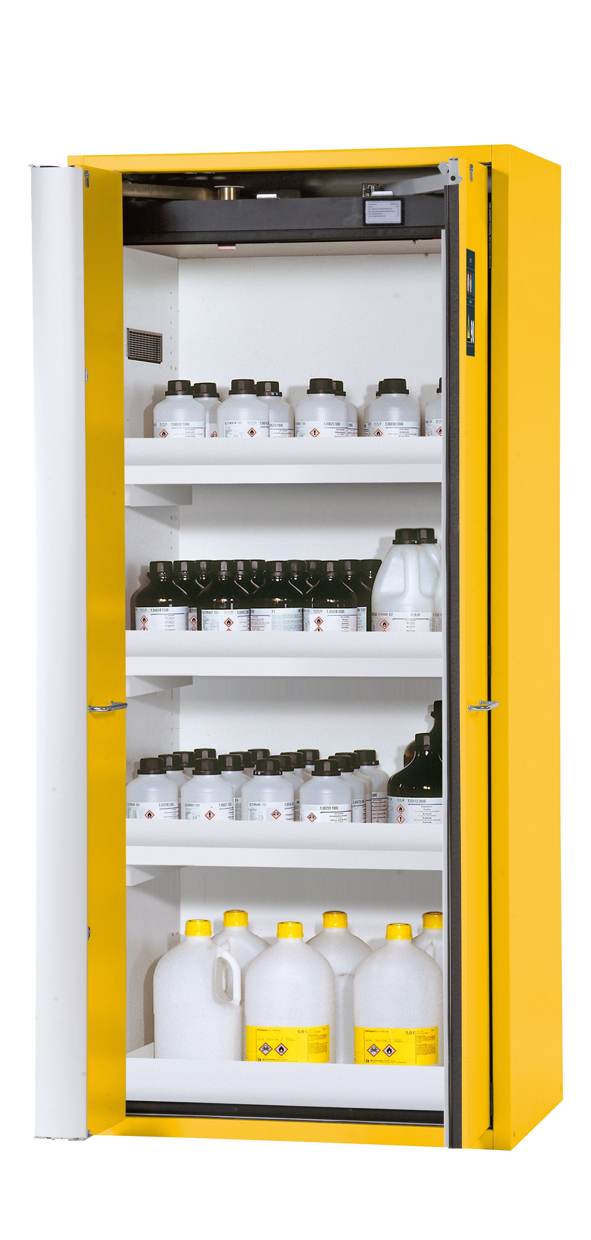 Typ 90 Sicherheitsschrank S-PHOENIX-90 Modell S90.196.090.FWAS in sicherheitsgelb RAL 1004 mit 3x Wannenboden Standard (Polypropylen)