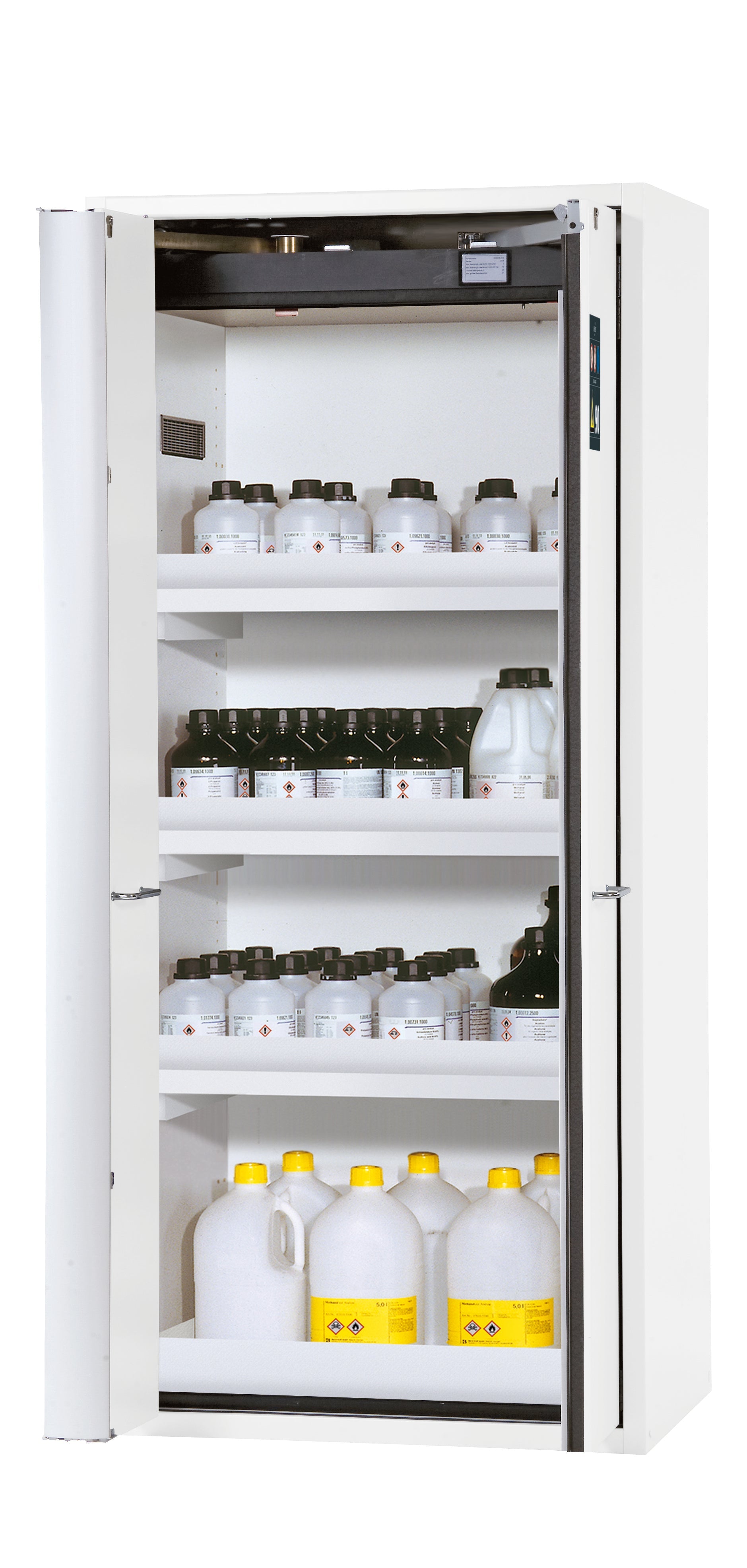 Typ 90 Sicherheitsschrank S-PHOENIX-90 Modell S90.196.090.FWAS in laborweiss (ähnl. RAL 9016) mit 3x Wannenboden Standard (Polypropylen)