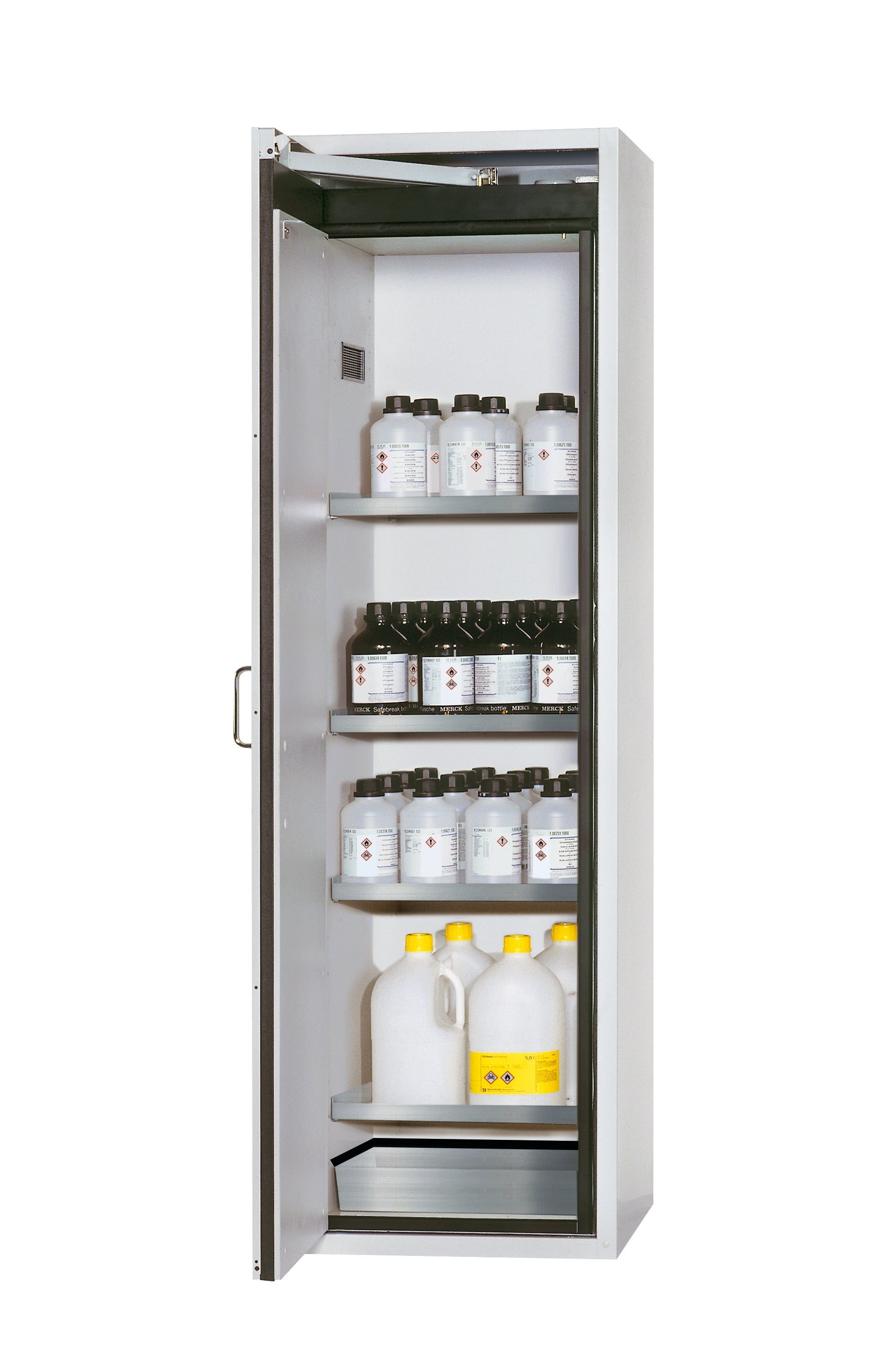 Type 90 safety cabinet S-CLASSIC-90 model S90.196.060.WDAS in light gray RAL 7035 with 4x standard shelves (stainless steel 1.4301)