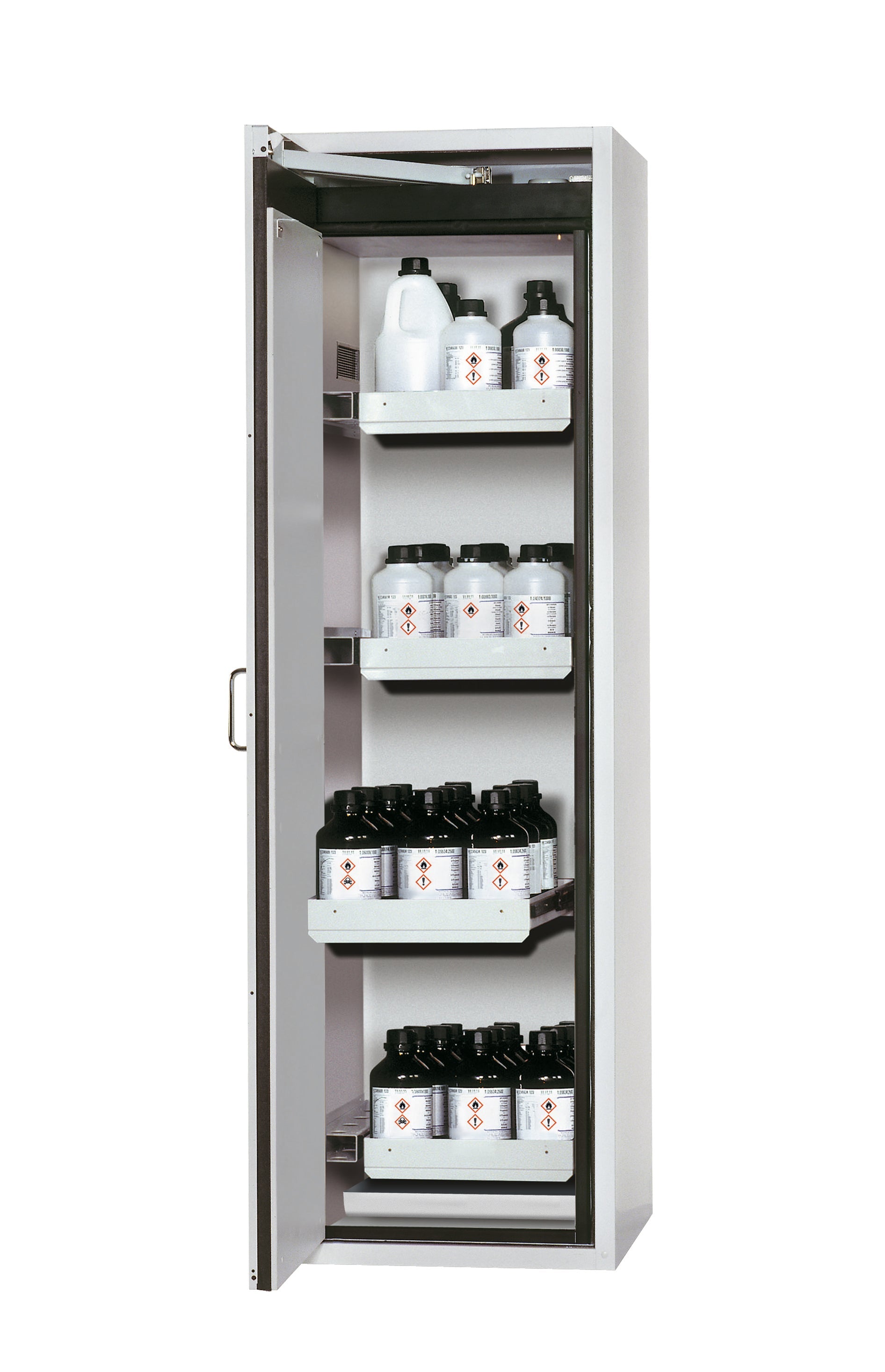 Type 90 safety cabinet S-CLASSIC-90 model S90.196.060.WDAS in light gray RAL 7035 with 4x standard pull-out tray (sheet steel)