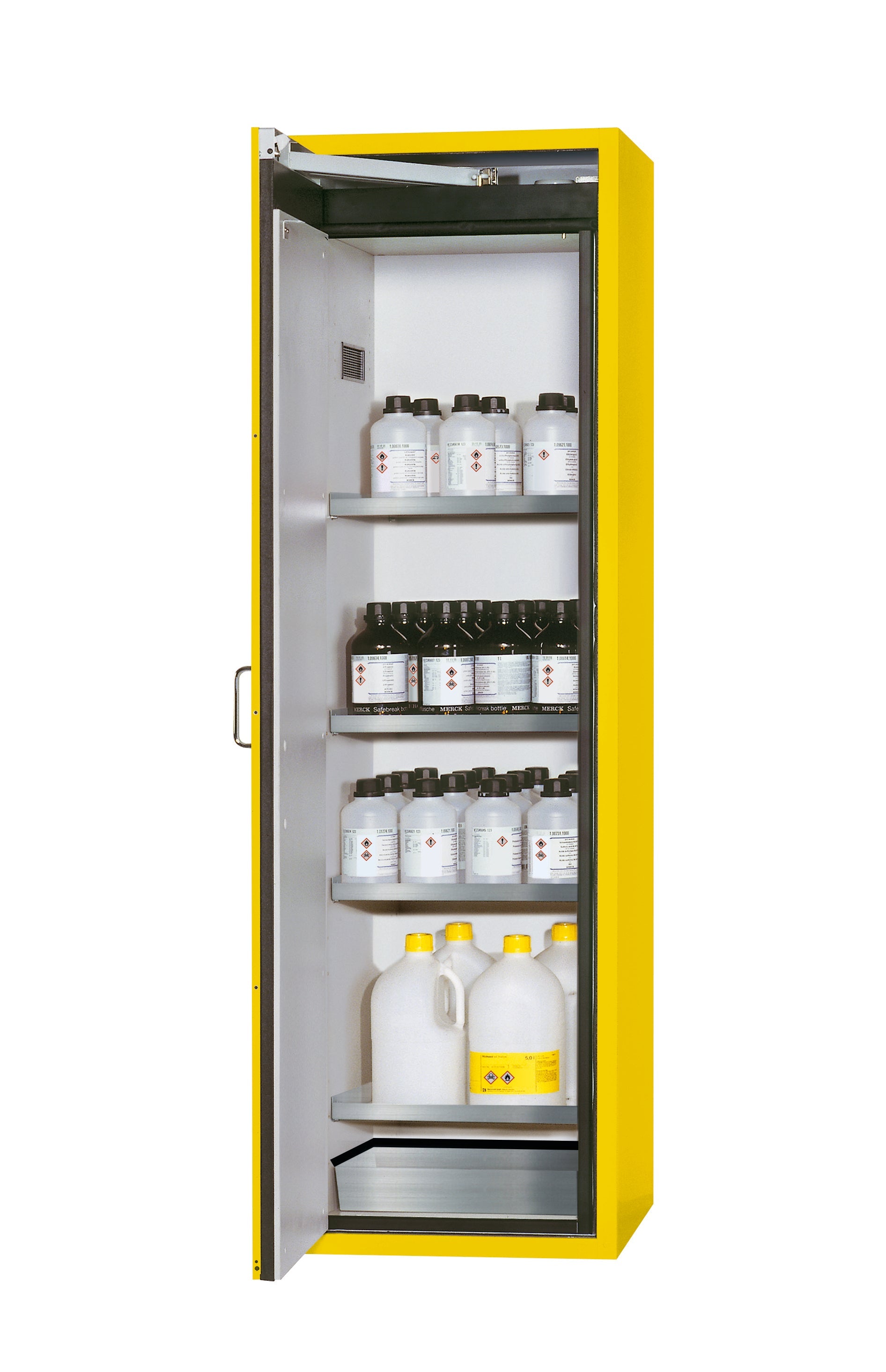 Armoire de sécurité type 90 S-CLASSIC-90 modèle S90.196.060 en jaune de sécurité RAL 1004 avec 4x étagères standard (acier inoxydable 1.4301)