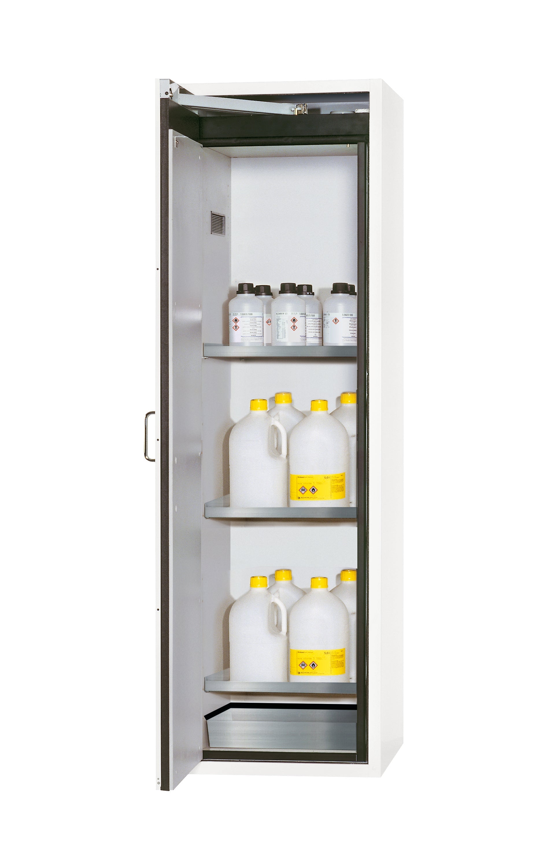 Armoire de sécurité type 90 S-CLASSIC-90 modèle S90.196.060 en blanc de laboratoire (similaire à RAL 9016) avec 3 étagères standard (acier inoxydable 1.4301)