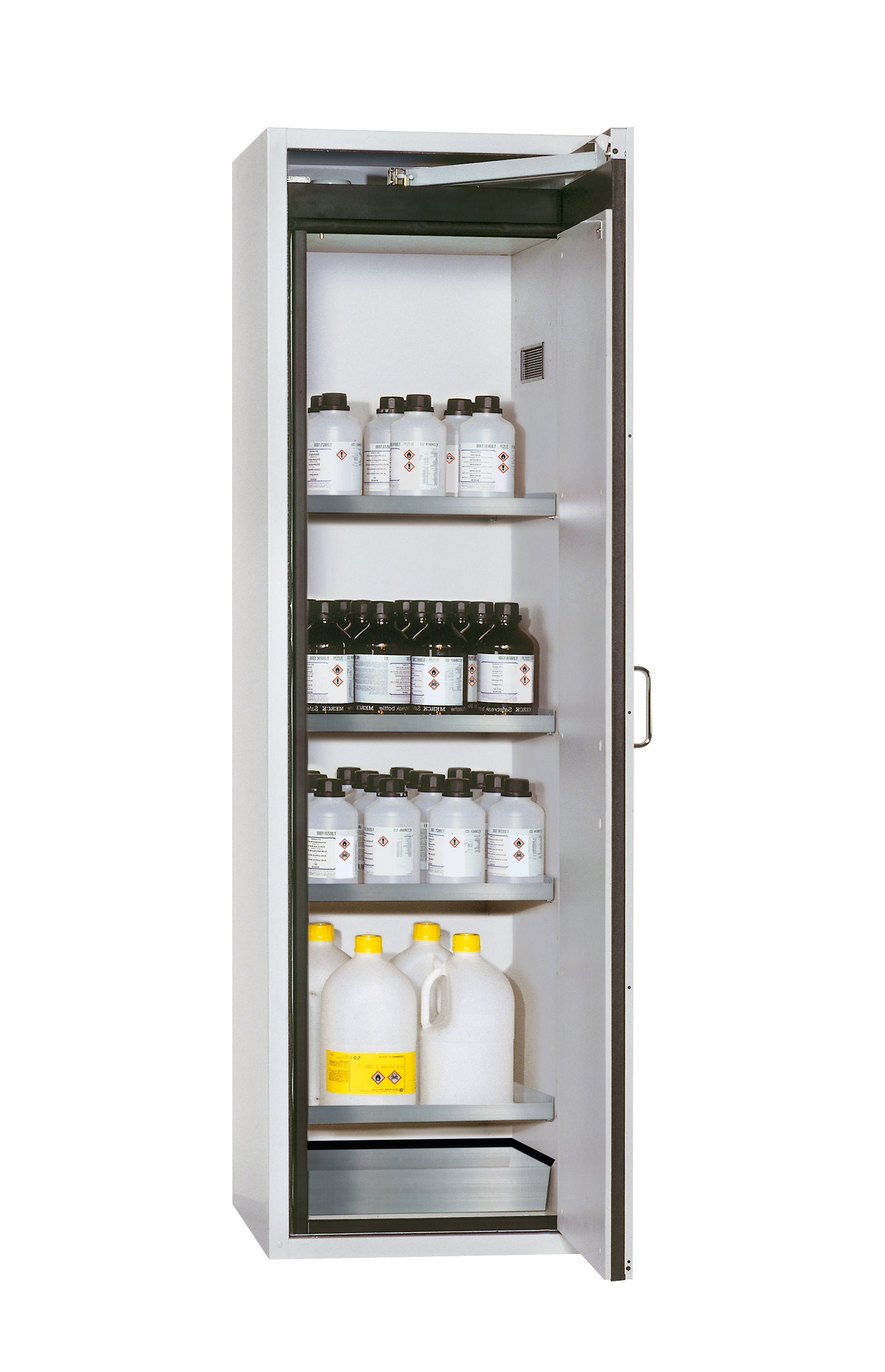 Type 90 safety cabinet S-CLASSIC-90 model S90.196.060.WDASR in light gray RAL 7035 with 4x standard shelves (stainless steel 1.4301)