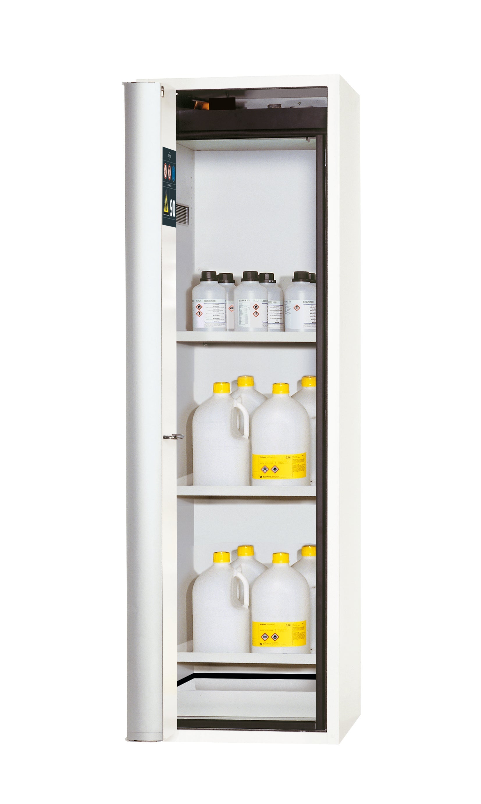 Typ 90 Sicherheitsschrank S-PHOENIX Vol.2-90 Modell S90.196.060.FDAC in laborweiss (ähnl. RAL 9016) mit 3x Fachboden Standard (Stahlblech)