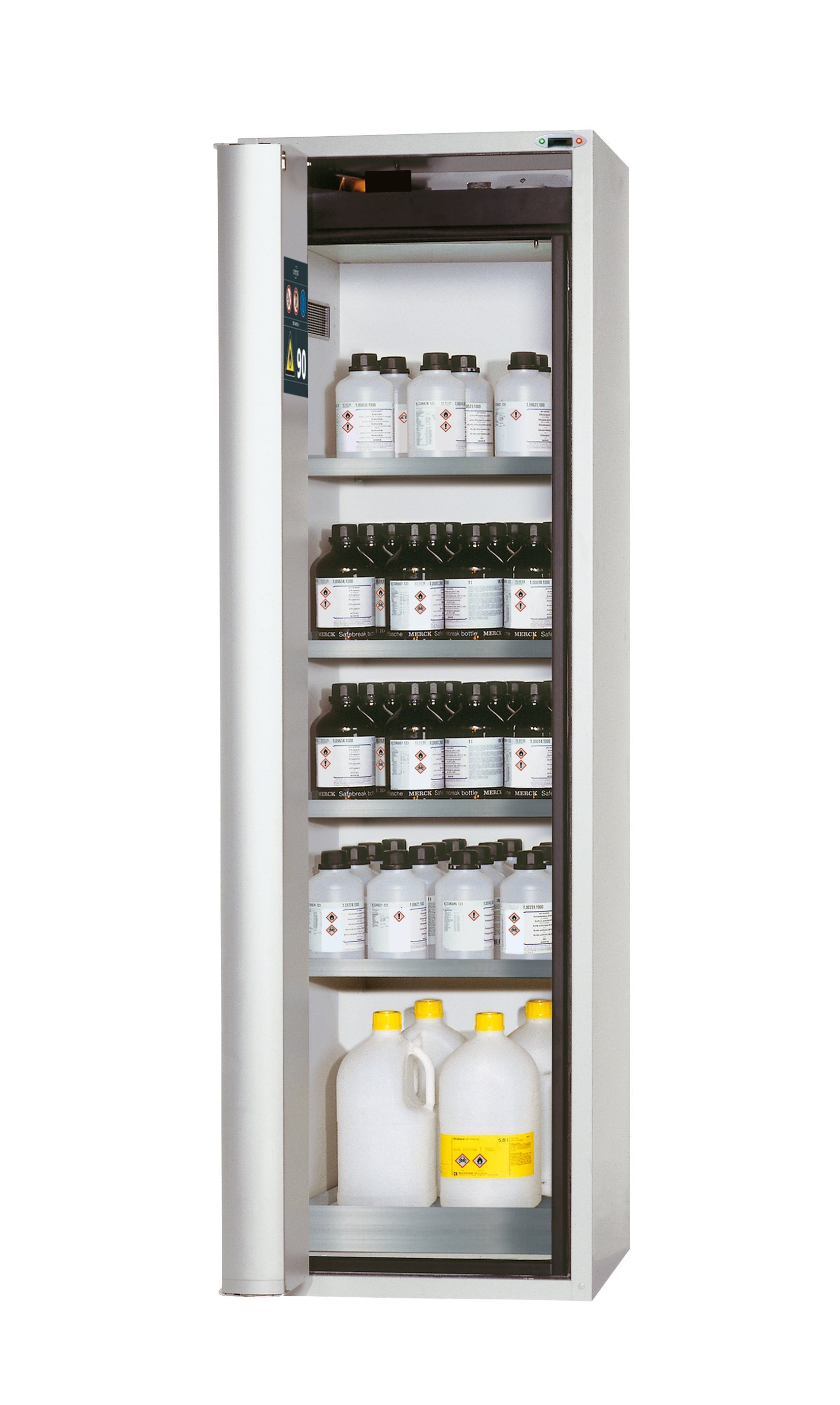 Type 90 safety cabinet S-PHOENIX touchless-90 model S90.196.060.FDAO in light gray RAL 7035 with 4x standard shelves (stainless steel 1.4301)