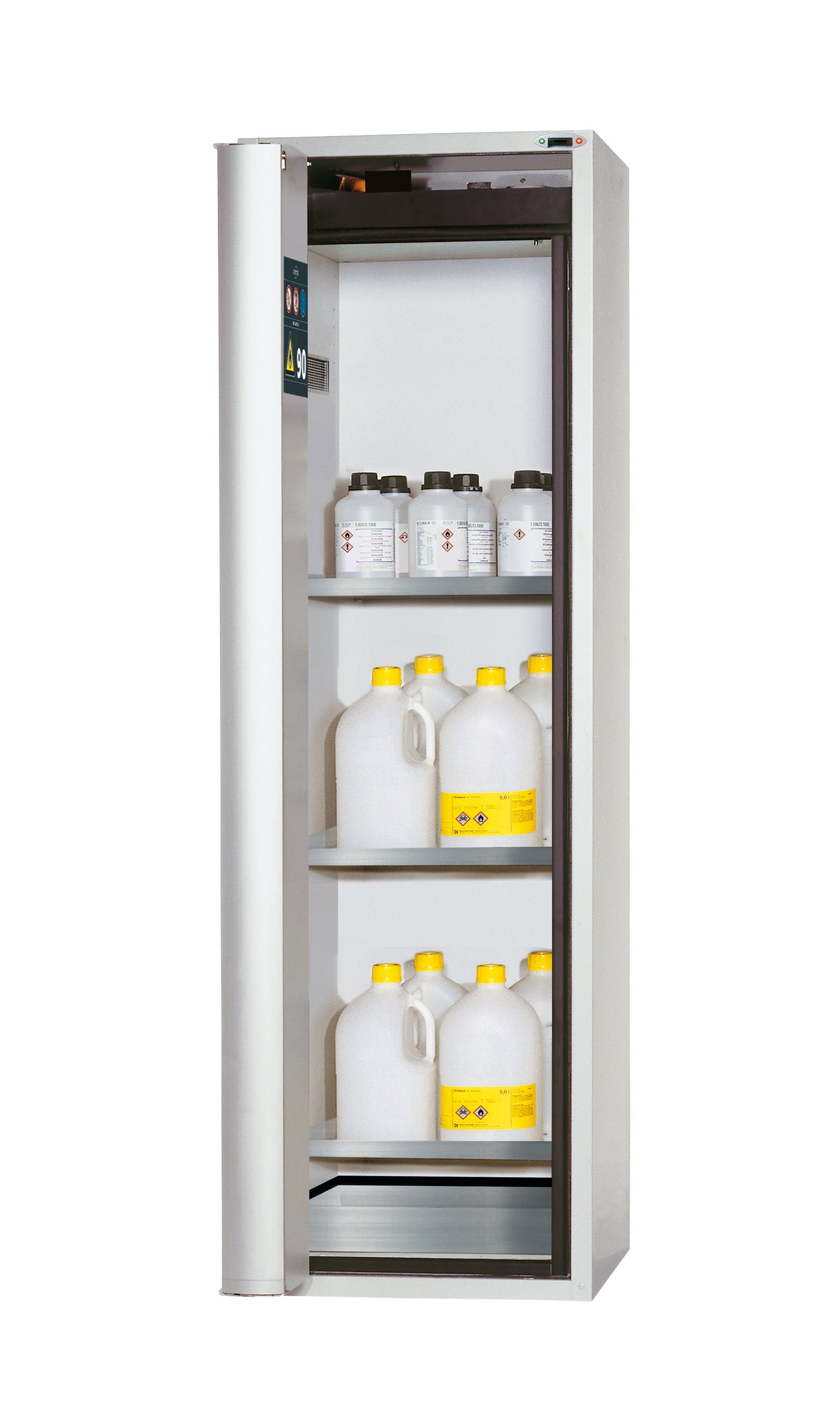 Type 90 safety cabinet S-PHOENIX touchless-90 model S90.196.060.FDAO in light gray RAL 7035 with 3x standard shelves (stainless steel 1.4301)