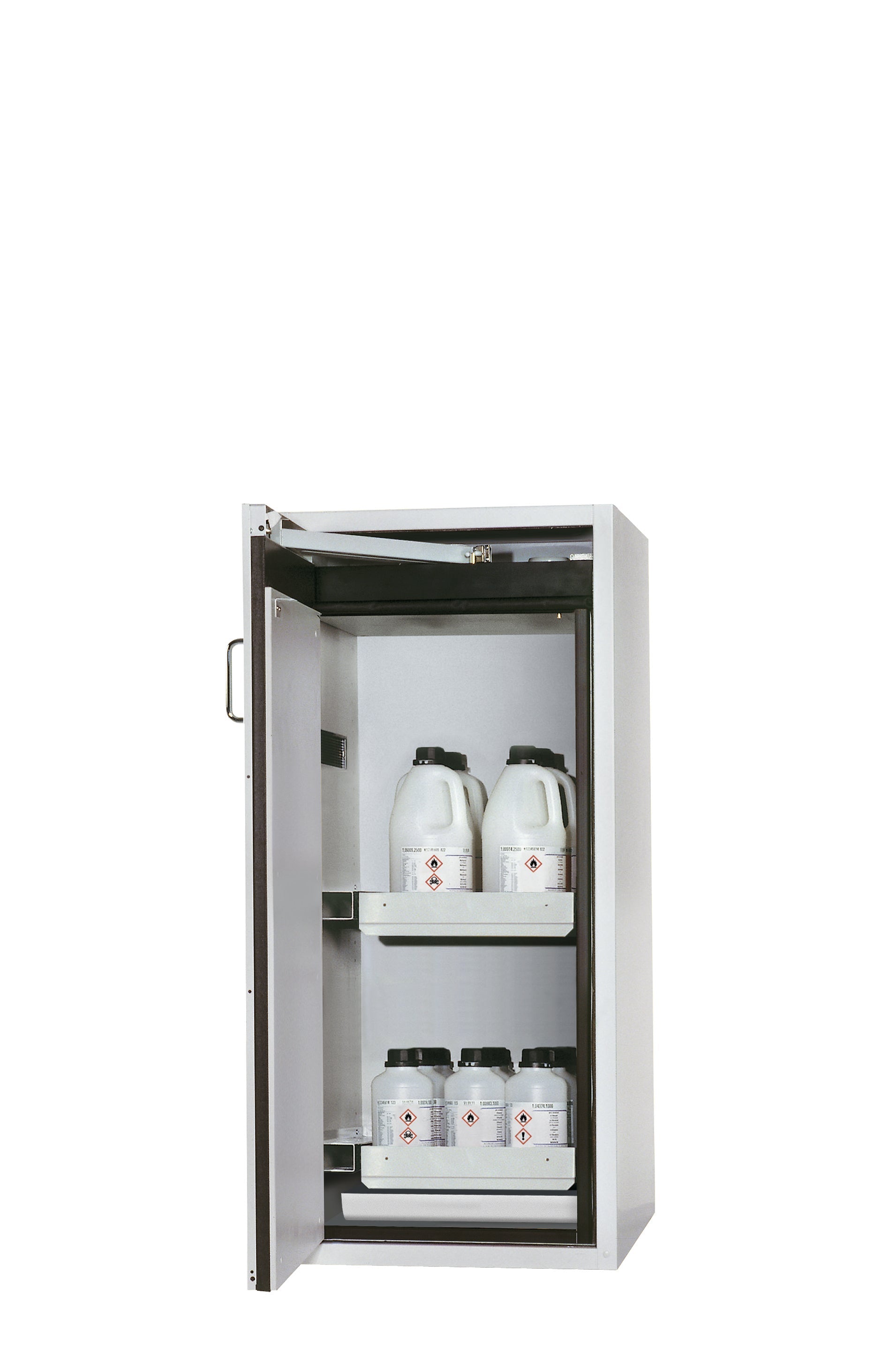 Armoire de sécurité type 90 S-CLASSIC-90 modèle S90.129.060.WDAS en gris clair RAL 7035 avec 2x plateaux coulissants standard (tôle d'acier)