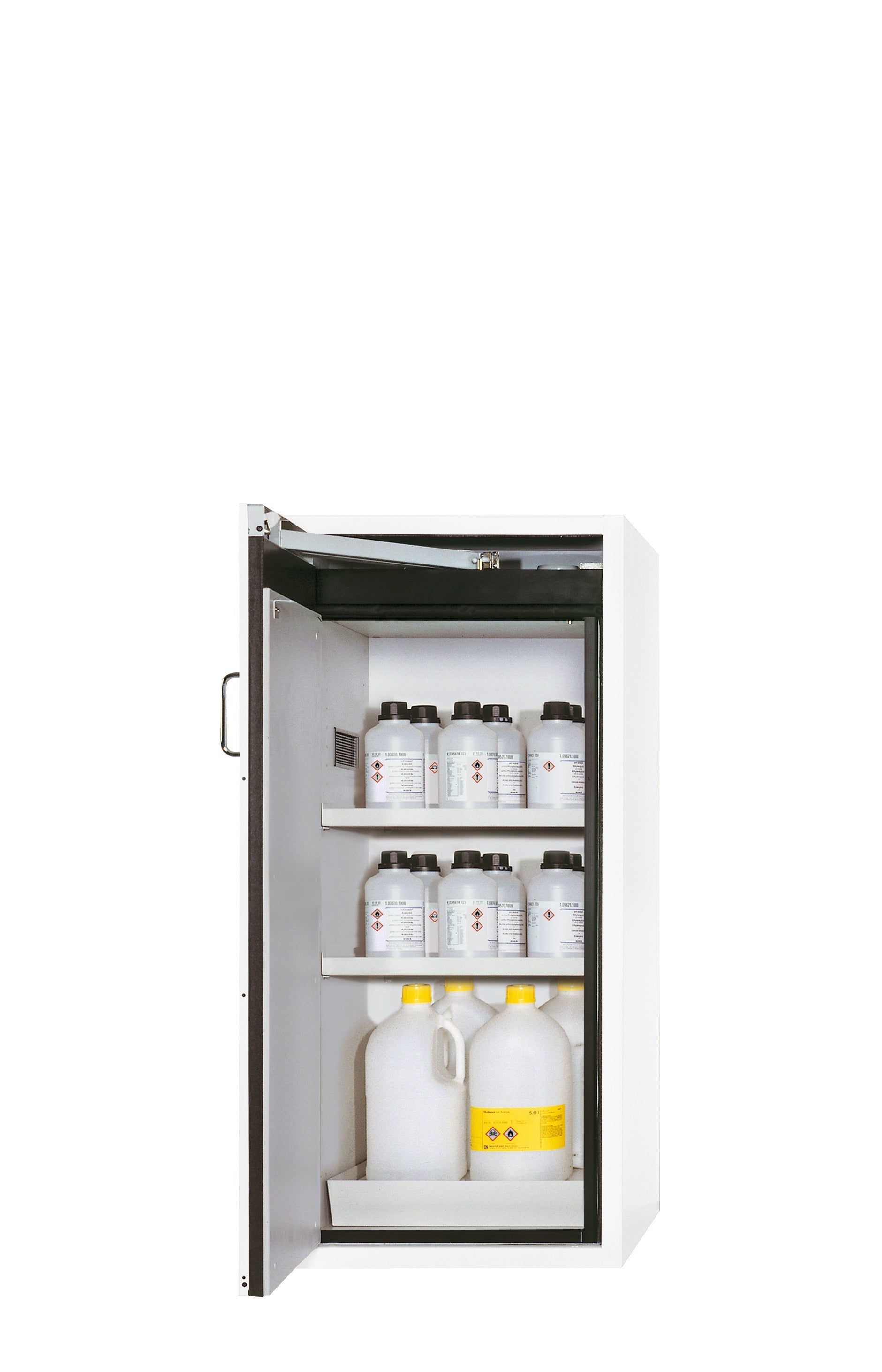 Armoire de sécurité type 90 S-CLASSIC-90 modèle S90.129.060.WDAS en blanc de laboratoire (similaire à RAL 9016) avec 2 étagères standard (tôle d'acier)